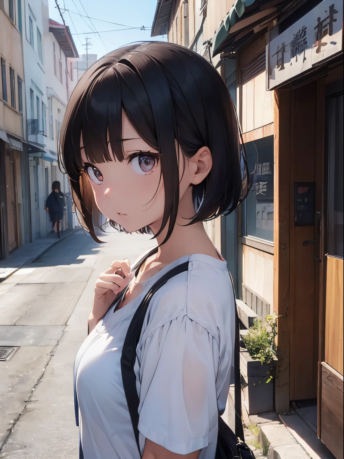 (((超A high resolution)))、(((masterpiece)))、(((super precision)))、(((hightquality)))、
(((1人の女性)))、(((Short Bob Hair)))、(((Brown hair)))、(((Pupil brown)))、(((Little hanging eyes)))、(((Breasts are big)))
She's angry、expression is pale、(((adult woman)))、(((She is an adult)))、
(((Wearing a blue convenience store uniform)))、Mileland、Building shadow、murky、with no people、Dim back alley、backstreet、
being shown a photo、She is threatened、Have a photo、one hand on mouth、