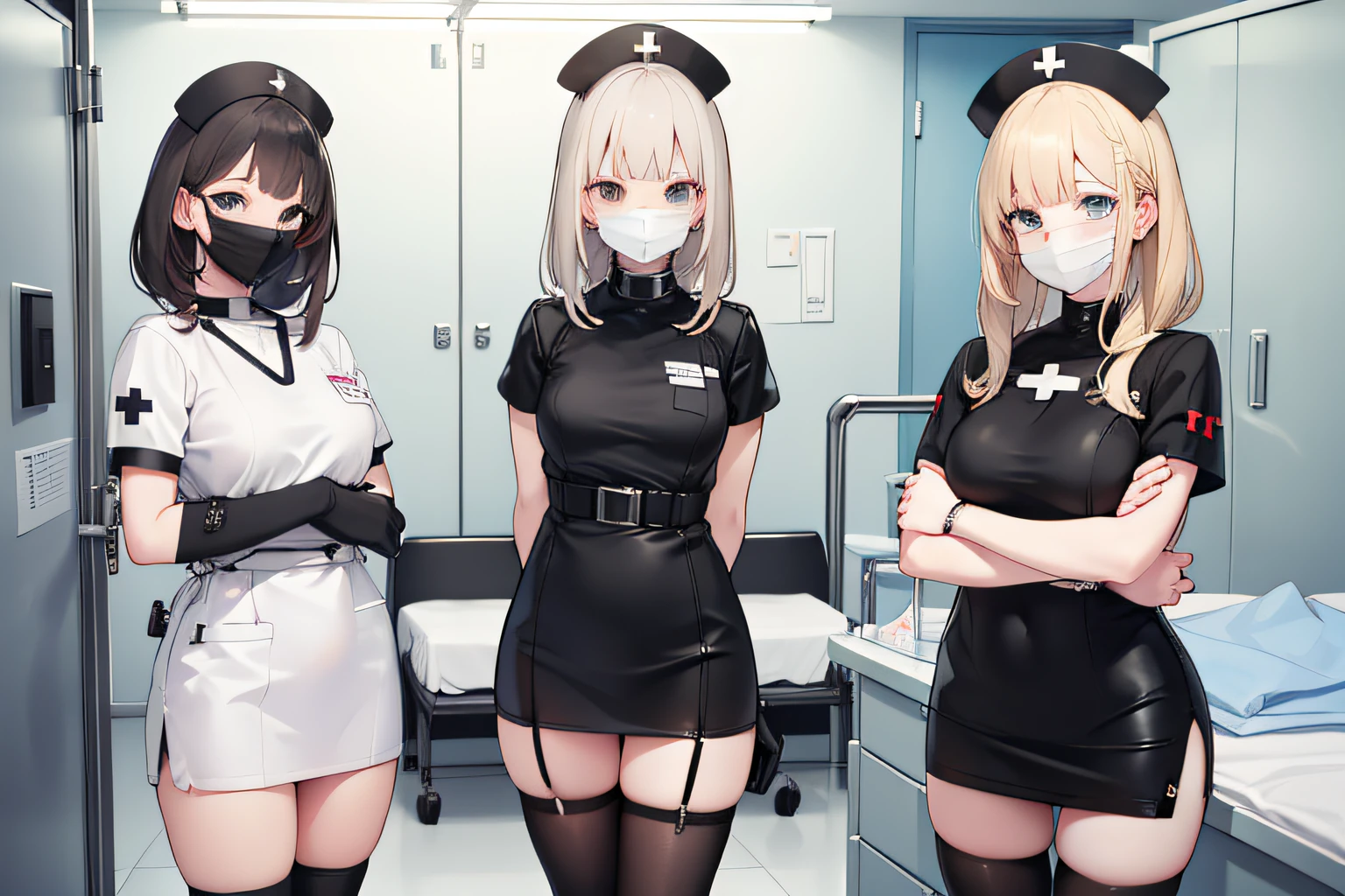 black nurse, femele,, Black Nurse Cap, Black Wear, have a surgical scalpel、((Black legwear, zettai ryouiki)), Black Elbow Gloves, Blonde hair, Blue eyes, ((Black surgical mask, Covered nose)), Standing, ((surgery room)), sharp outline, Short sleeves, maturefemale, 35 years old, Best Quality, masutepiece