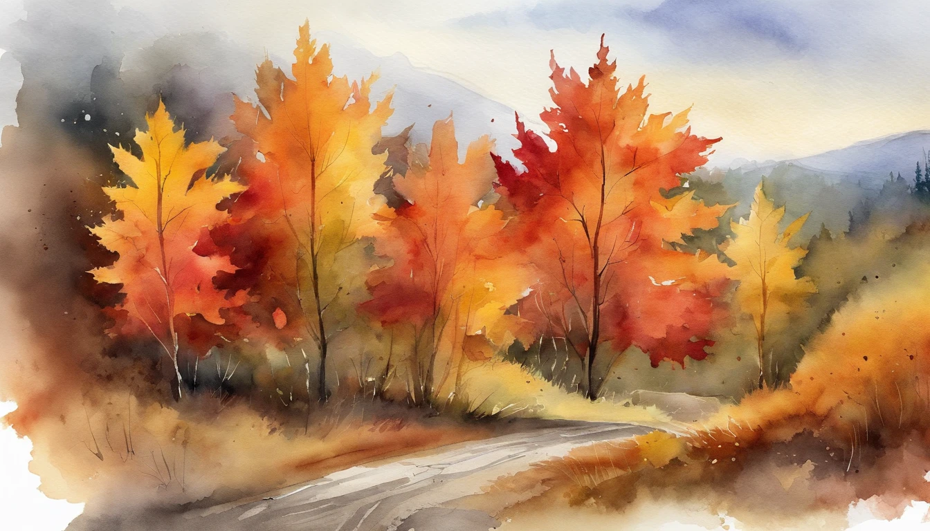 maple leaves,dirt road,the watercolor style