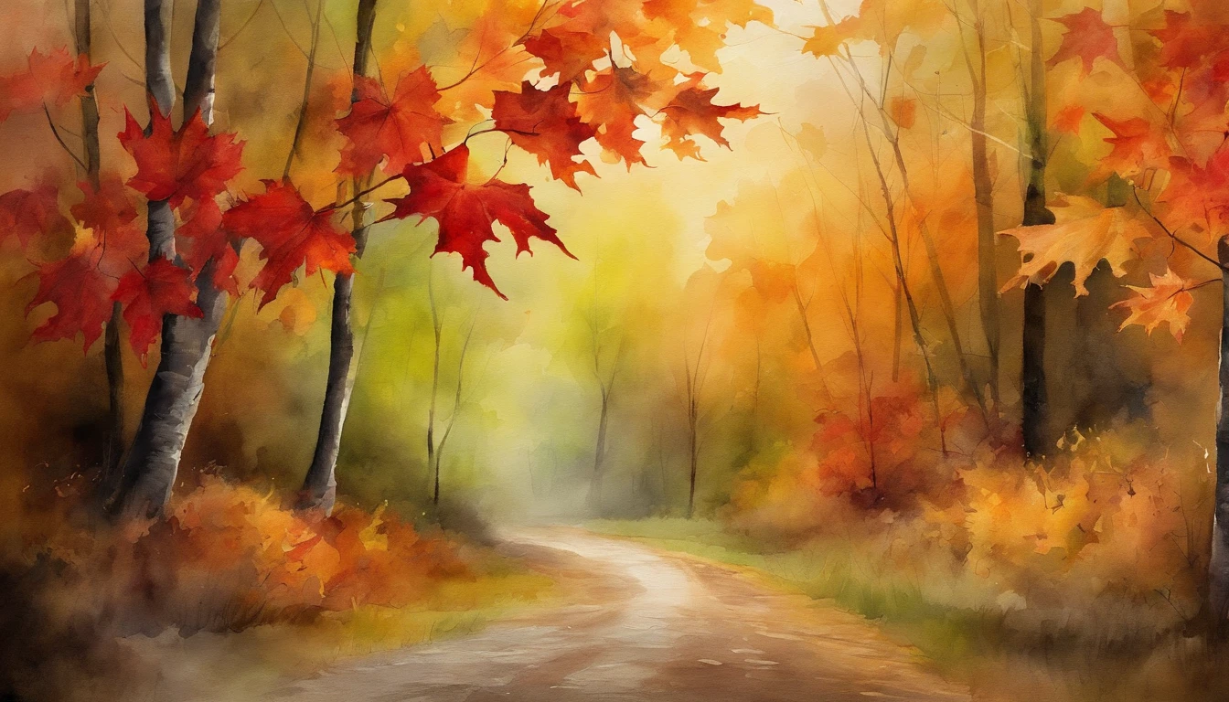 maple leaves,dirt road,the watercolor style