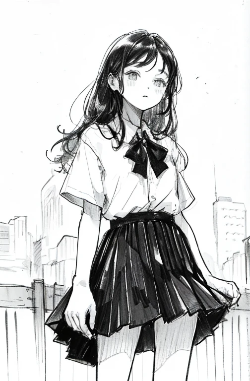 1girl in,line-drawing,monochromes,sketch,Pencil drawing,Traditional Media,1girl in, black skirt fence, short-hair,Align your bangs、 Long sleeves, Skirt, Solo、 (Cute age woman, Solo),Beautiful portrait、Delicate body、full body Esbian、look up to、