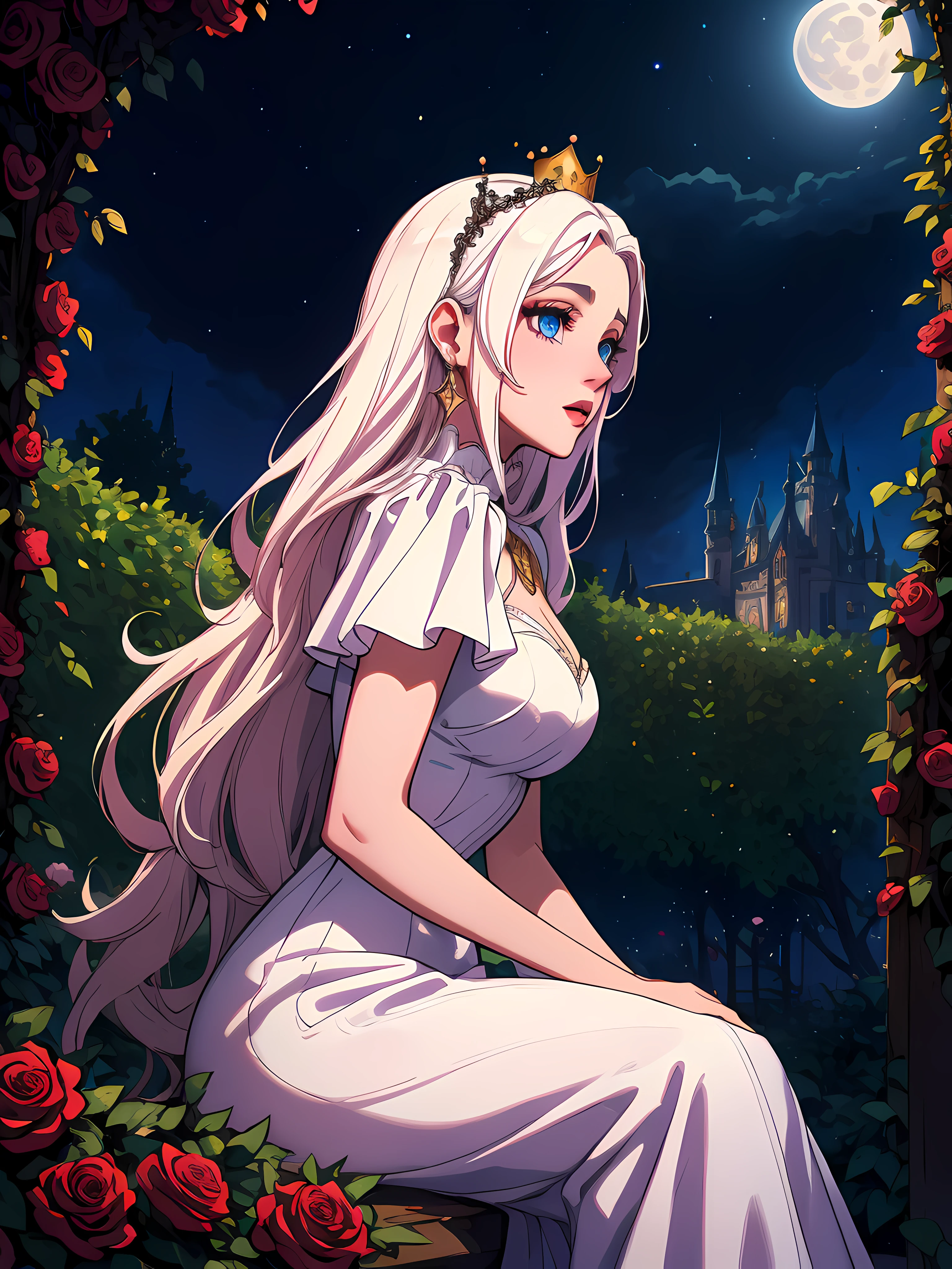 dimly lit, (symmetrical:1.5), (absurdes:1.3), (solo:1.3), (side view:1.3) of an adorable (vampire queen) ((elegant jeweled crown)) noble white ((dress with rich intricate renaissance details patterns)) (((sitting near a garden rosy bushes))), (((((gazing upon))))) the sky, masterpiece, 4k, highly detailed, ((extremely long white hair)), (breathtaking starry moonlit night), ((gothic castle in the distance)), vivid blue eyes, majestic golden crown, dramatic, vampiric