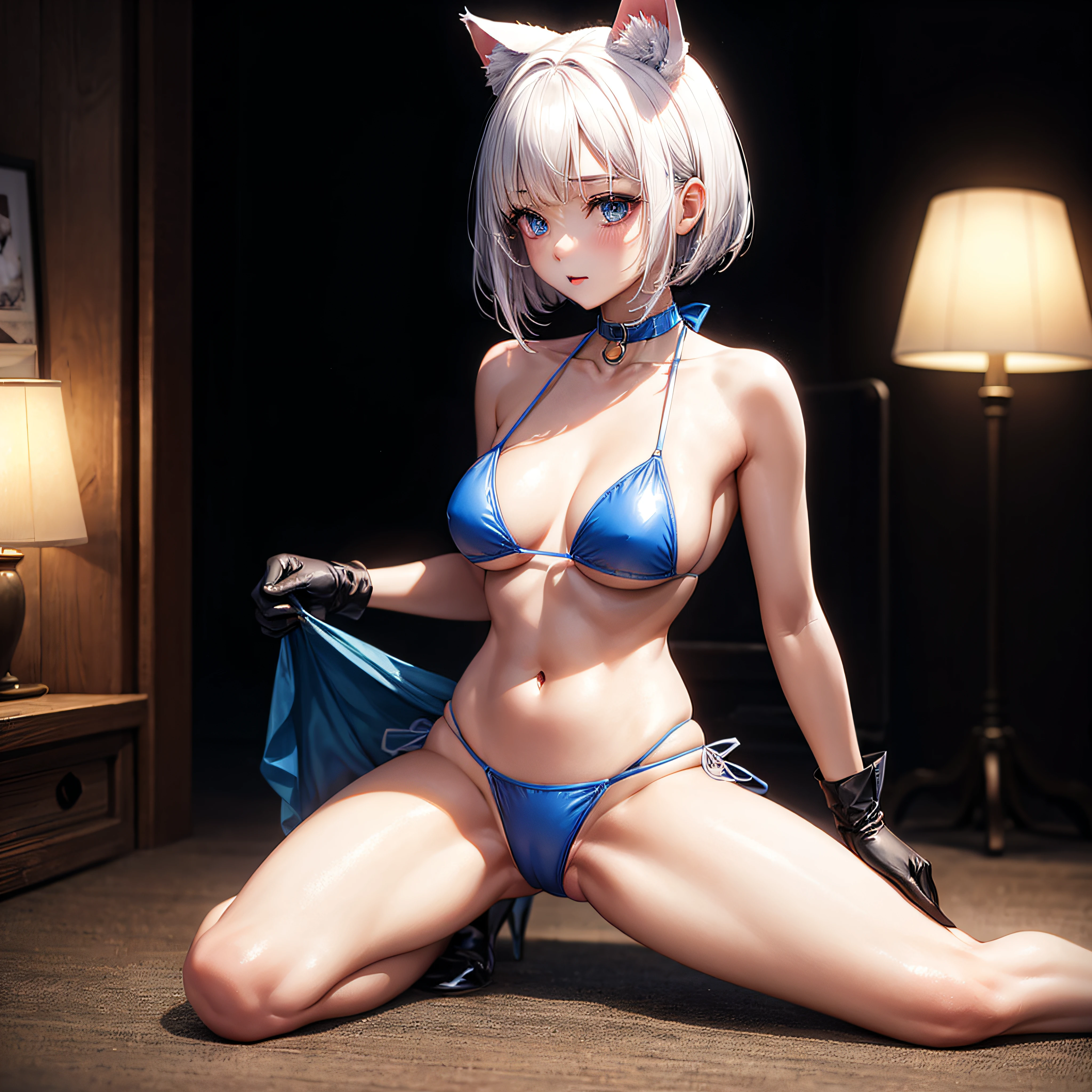 realisitic、top-quality、((One Woman:1.5))、Cat's ears、White hair、Medium bob、Open your clothes、PVC gloves、Blue PVC Bikini、Medium chest、all-fours、profetional lighting