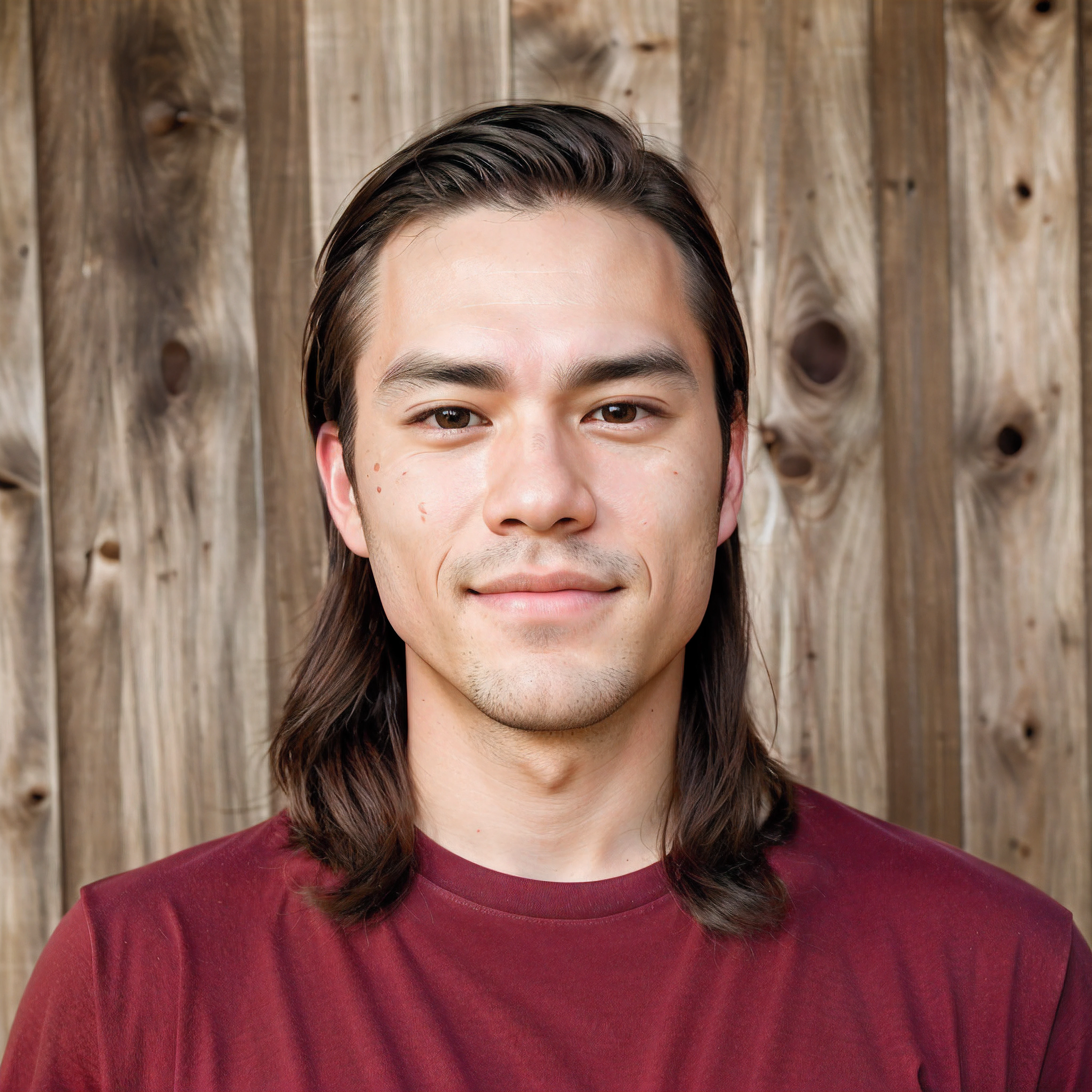 Ultra Eye Detail, Ultra Detailed Skin Texture, Ultra Hair Detailing, снято на Canon EOS 5D Mark IV, снято на Canon EOS 1D X Mark III, studio lightning, korean masculine handsome man, Model appearance, dimples on the cheeks, dimple on the chin, Oak plank wall background, The guy is wearing a red t-shirt, Smooth skin, Pretty face, Blemish-free leather, sunny facial expression, handsome male idol face