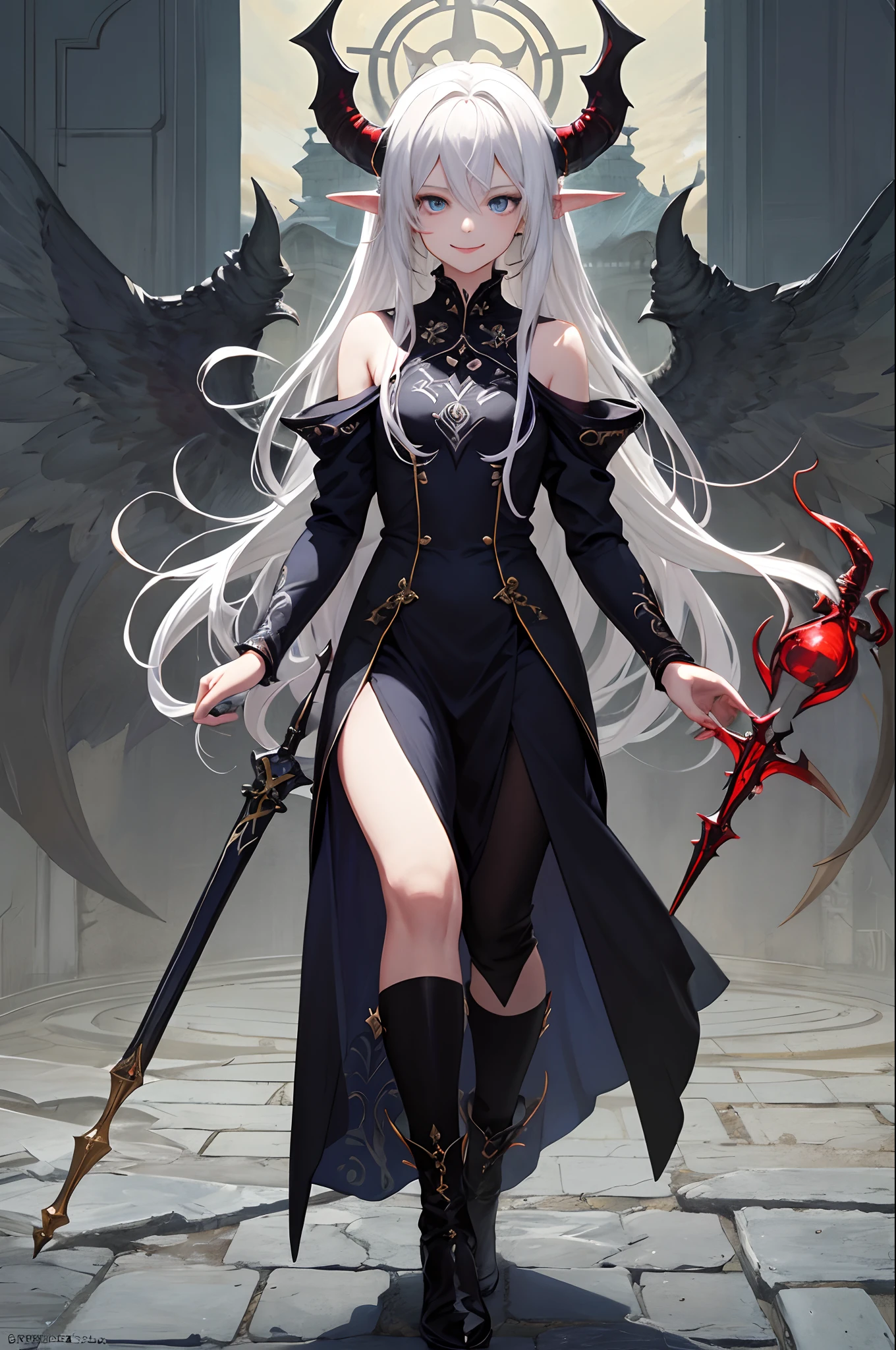 masterpiece、top-quality、超A high resolution、male child、2D Bishonen、demonic horns、white hair、Fair skin、blue eyess、long ears、devil lord、flawless、With a long magic wand、is standing、Full body front、Smiling invincibly、animesque、illustratio、The face is drawn in detail、Clothes are depicted in detail、The eyes are drawn in detail、The background is detailed、