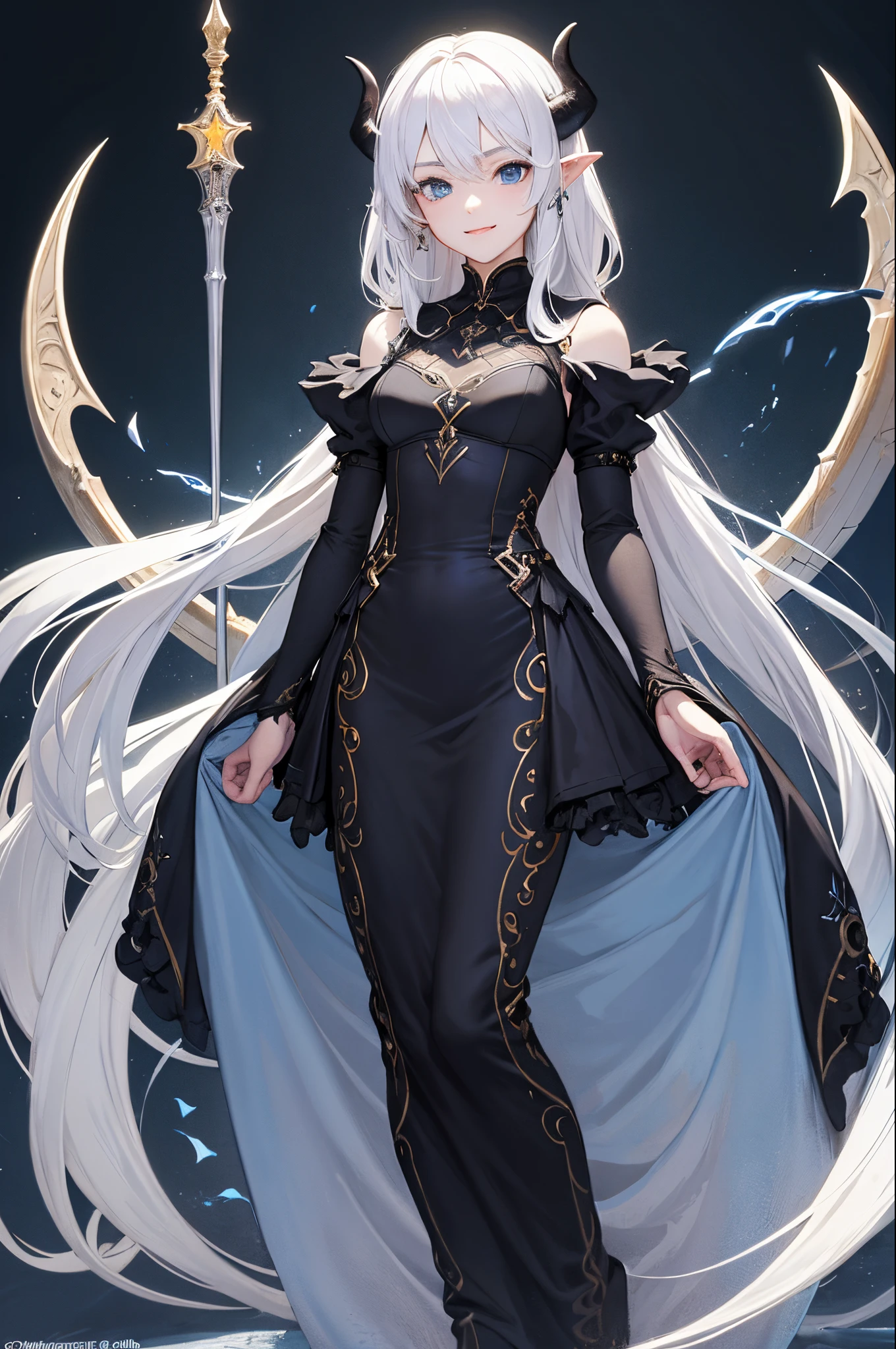 masterpiece、top-quality、超A high resolution、male 、2D Bishonen、demonic horns、white hair、Fair skin、blue eyess、long ears、devil lord、flawless、With a long magic wand、is standing、Full body front、Smiling invincibly、animesque、illustratio、The face is drawn in detail、Clothes are depicted in detail、The eyes are drawn in detail、The background is detailed、