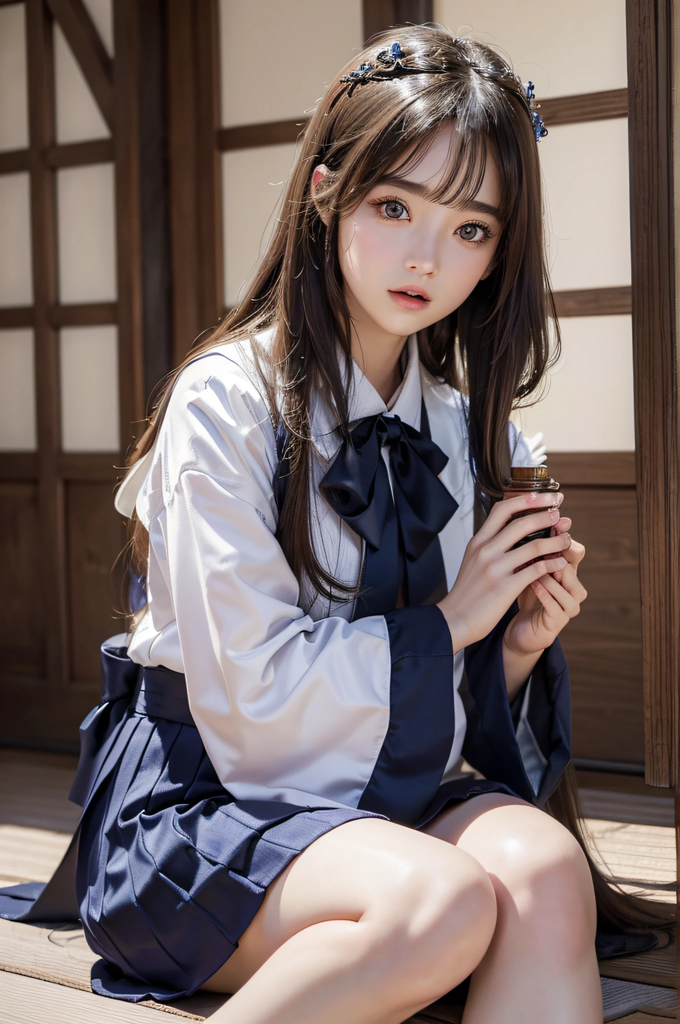 (Raw photo:1.2), (Photottorial,:1.4), a beautiful detailed girl, extremely detailed eye and face, beatiful detailed eyes, Ridiculous, unbelievable Ridiculous, huge filesize, ultra-detailliert, hight resolution, ighly detailed, best qualtiy, masuter piece, , Kemomimi, ((Japan Girls' High School Uniform)),, ighly detailed, UHQ, unification, 8k wallpaper, magnifica, finely detail, masuter piece,, best qualtiy, Highly detailed UHQ uniform 8k wallpaper, Light on the face、电影灯光、 girl、((dynamicposes))、(half)、(panthyhose、、、、)、(Sit on your legs with your knees bent))、shorth hair、long neck、Put your ears out、bangss、big eye、Lashes、cute little、a very cute