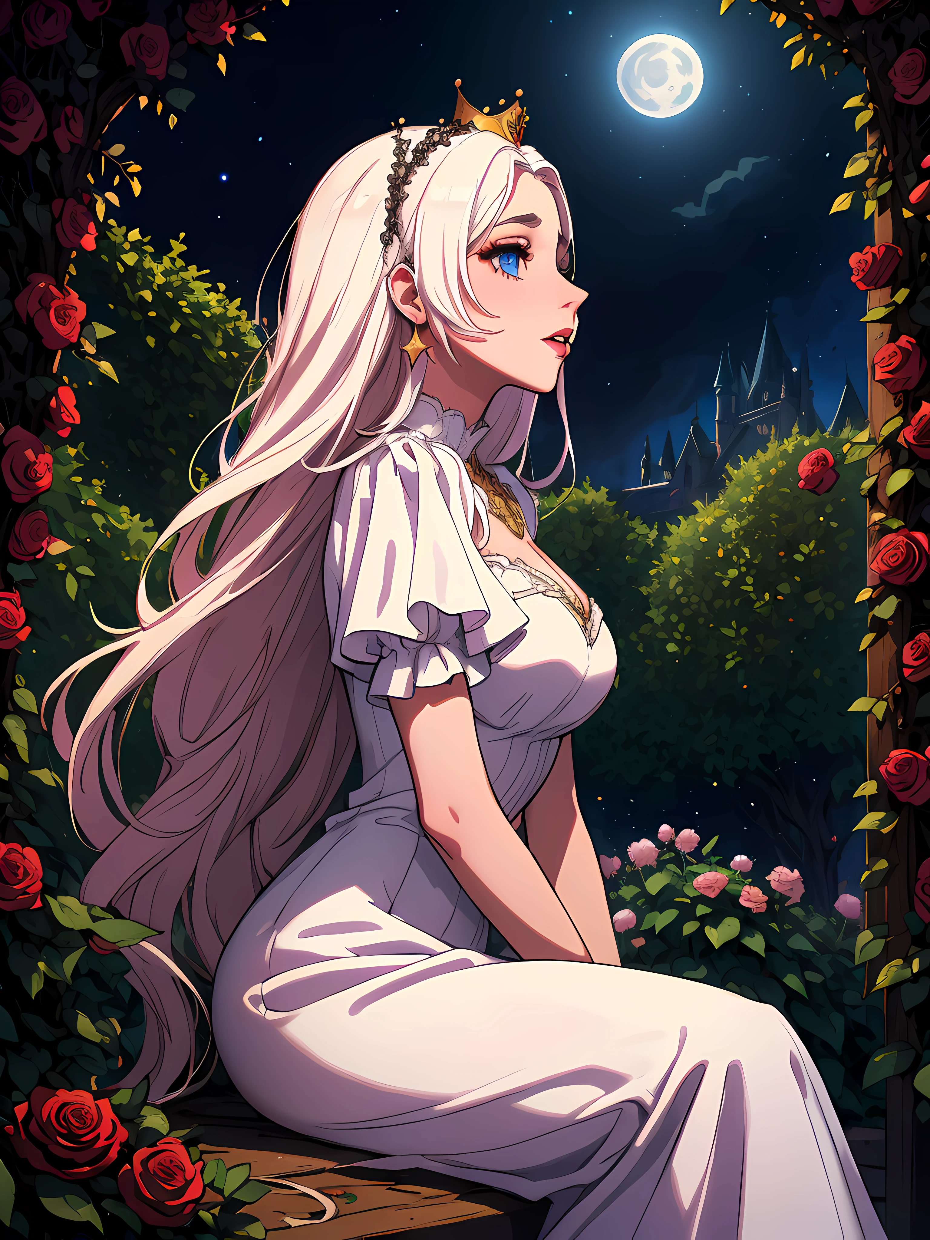 dimly lit, (symmetrical:1.5), (absurdes:1.3), (solo:1.3), (side view:1.3) of an adorable (vampire queen) ((elegant jeweled crown)) noble white ((dress with rich intricate renaissance details patterns)) (((sitting near a garden rosy bushes))), (((((gazing upon))))) the sky, masterpiece, 4k, highly detailed, ((extremely long white hair)), (breathtaking starry moonlit night), ((gothic castle in the distance)), vivid blue eyes, majestic golden crown, dramatic, vampiric