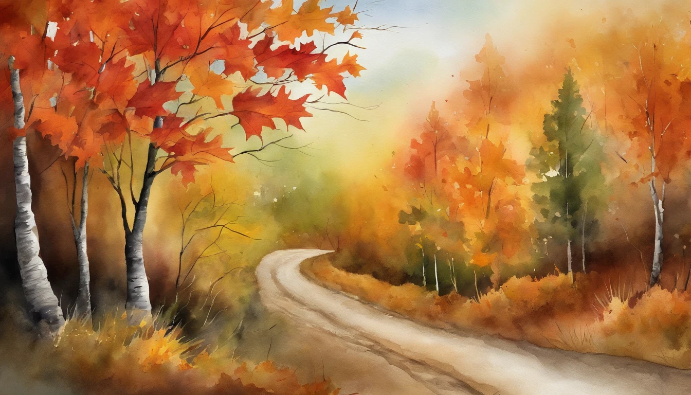 maple leaves，Dirt roads，the watercolor style