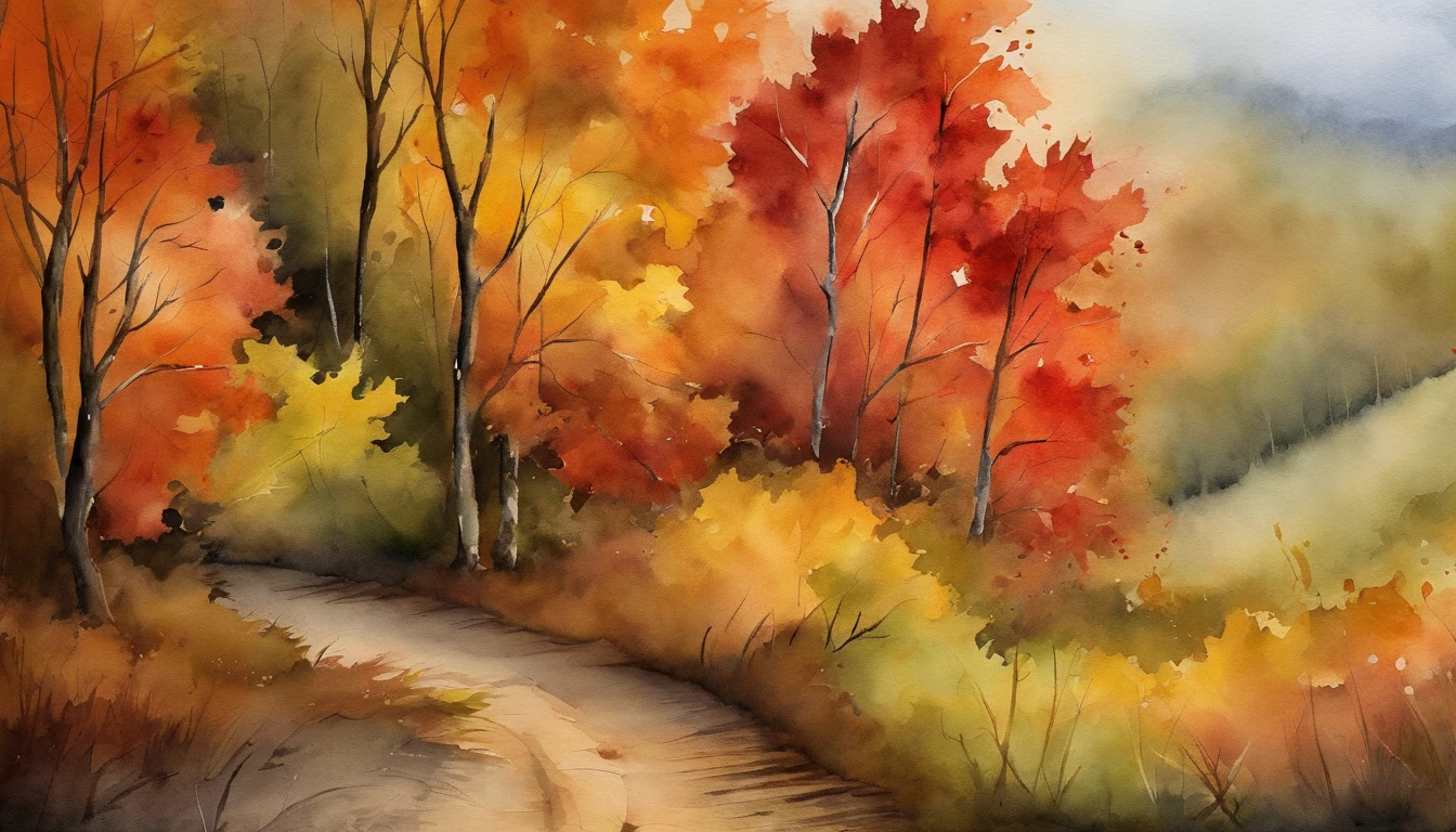 maple leaves，Dirt roads，the watercolor style