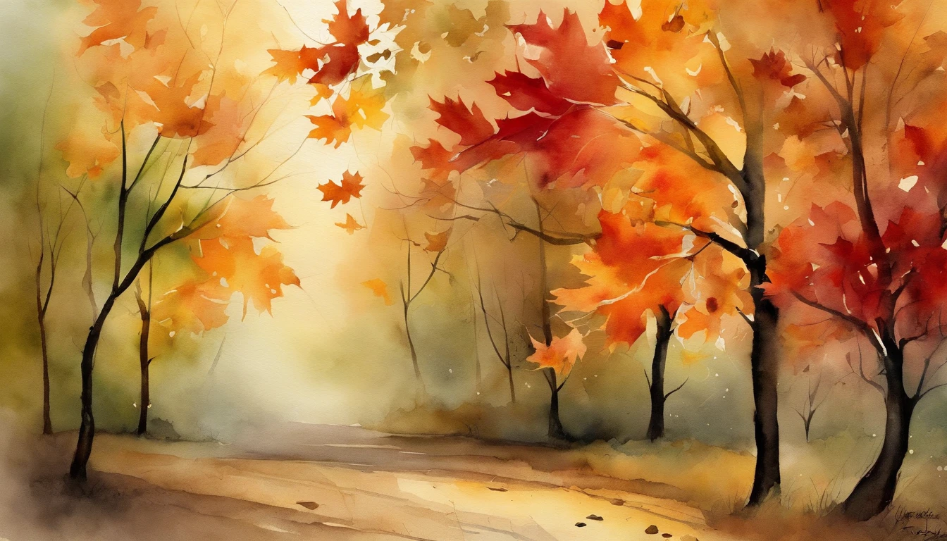 maple leaves，Dirt roads，the watercolor style