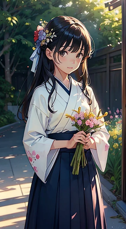 ((Watercolor by Sargent))、(top-quality、masterpiece)、softlight、Hakama skirt, 1girl in, 独奏, is standing、holding a small bouquet in your hands、graduation ceremony、Realistic scenery of the schoolyard, cute japanese model girl, Kimono, with floral pattern, hair adornments, Hakama, looking at the viewers, flower in hair, Brown-eyed, bangss,