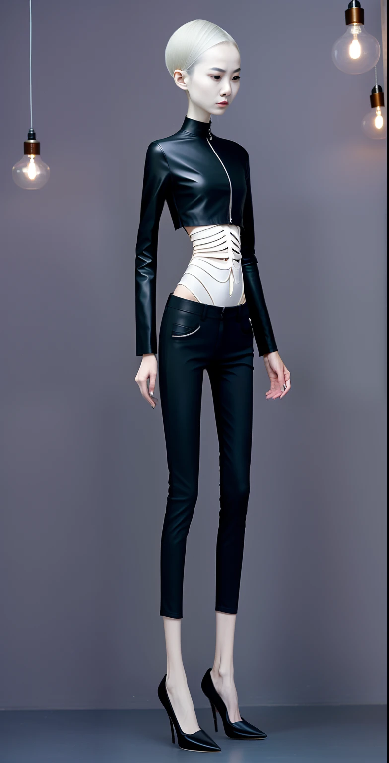 very thin woman, A thin body，Protruding sternum，The waist is very thin，The ribs are noticeable，Protruding ribs，The pelvic protrusion is very obvious，The pelvis is markedly elevated，White skin of the，thin shoulde，The waist is very thin，Sunken abdomen，Delicate arms，The lower abdomen is depressed，Short hair details，Wear tight leather pants，Asia face，extremely thin，angry look，Excessive weight loss，weeping，Face becomes thinner，Severe malnutrition，Effeminate woman
