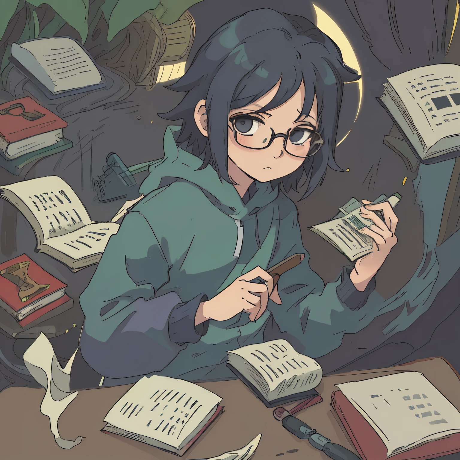 Anime boy with glasses and book in hand, imagem de alta qualidade estilo fanart