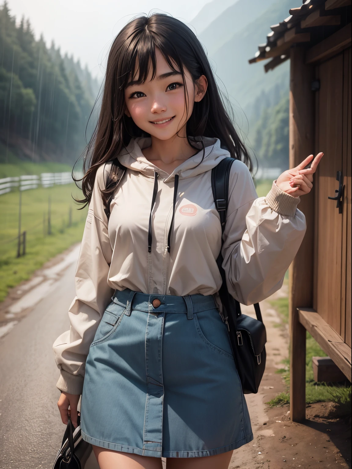 High-definition photos、The whole body is shown.、Faraway view、Young woman coming to camp on rainy day、Look at me with a smile。Outdoor style、rcasual、kindly smile、kawaii。