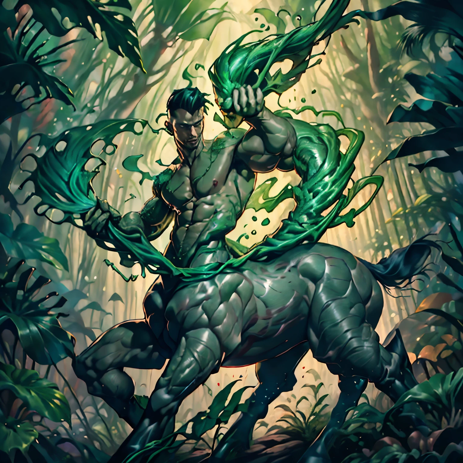 (Green short hair), (((male centaur))), ((bodybuilder)), ((very muscular)), ((broad chest)), ((thick pectorals)), abs, (((small waist))), ((big biceps)), ((large )), ((glans)), ((testicles)), ((nipple piercings)), (((tropical forest))), (((nepenthes))), orchids, tending, caring, collecting, (veiny horse :1.0), extra arms, ExtraArms, tanned skin, erection, flaccid , erected , mature, dapper, stubbles, undercut hairstyle, ven0mancer