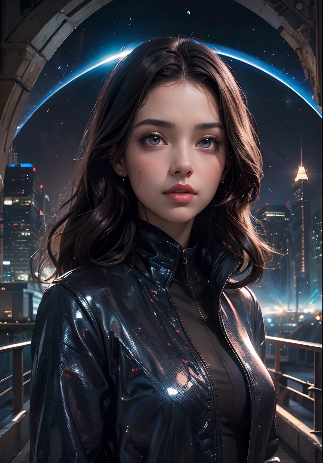 A beautiful woman. Late . dark brown hair. black eyes.Beautiful double eyes. The bridge of my nose. Well-shaped lips. A woman stands in a city at night, and the entrance to a wormhole opens in the space behind her. 8K image quality.