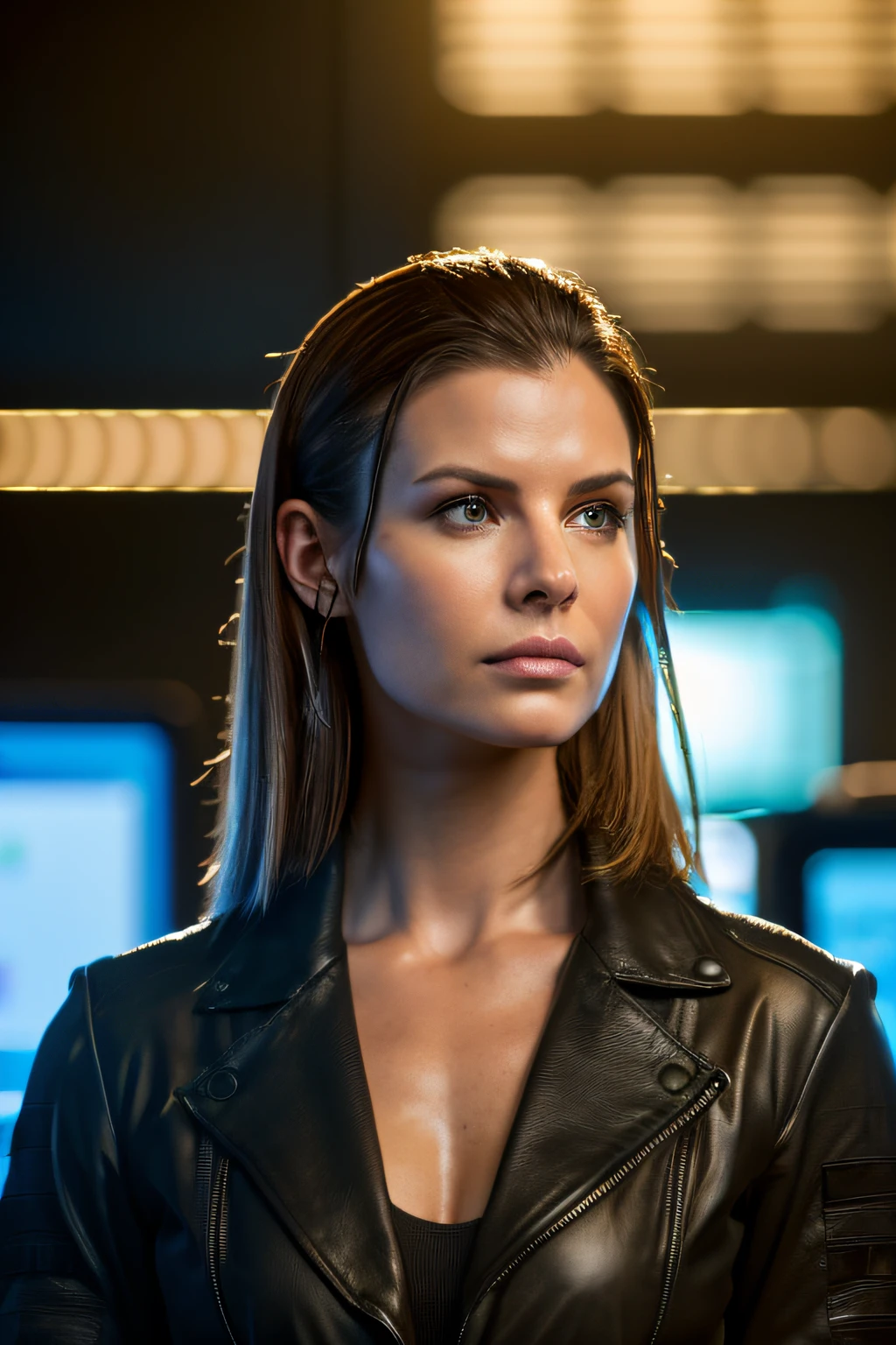 (Cyberpunk military scientists:1) (1womanl) Dark theme :: Focus on close-ups of the face, Curious face, Katie Sackhoff's face, Ultra realistic futuristic cyberpunk tall athletic woman, :: Medium brown hair, Futuristic meganeotaku :: cyberpunk office interior :: Brown eyes :: Natural lighting :: Bokeh :: 8K :: Best Quality :: masutepiece :: Insanely detailed:1.5、(((full-body view)))、