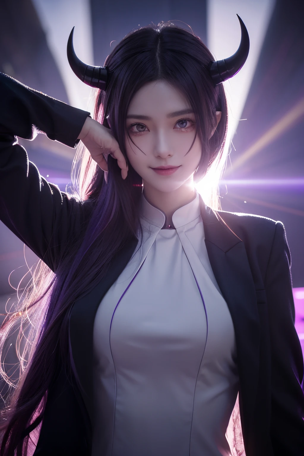 boy, Anime two-dimensional style, hair over one eye, demon horns, purple eyes, long pointy ears, evil smile, anime, god rays, character chart, lineup, pov, UHD, super detail, 4K