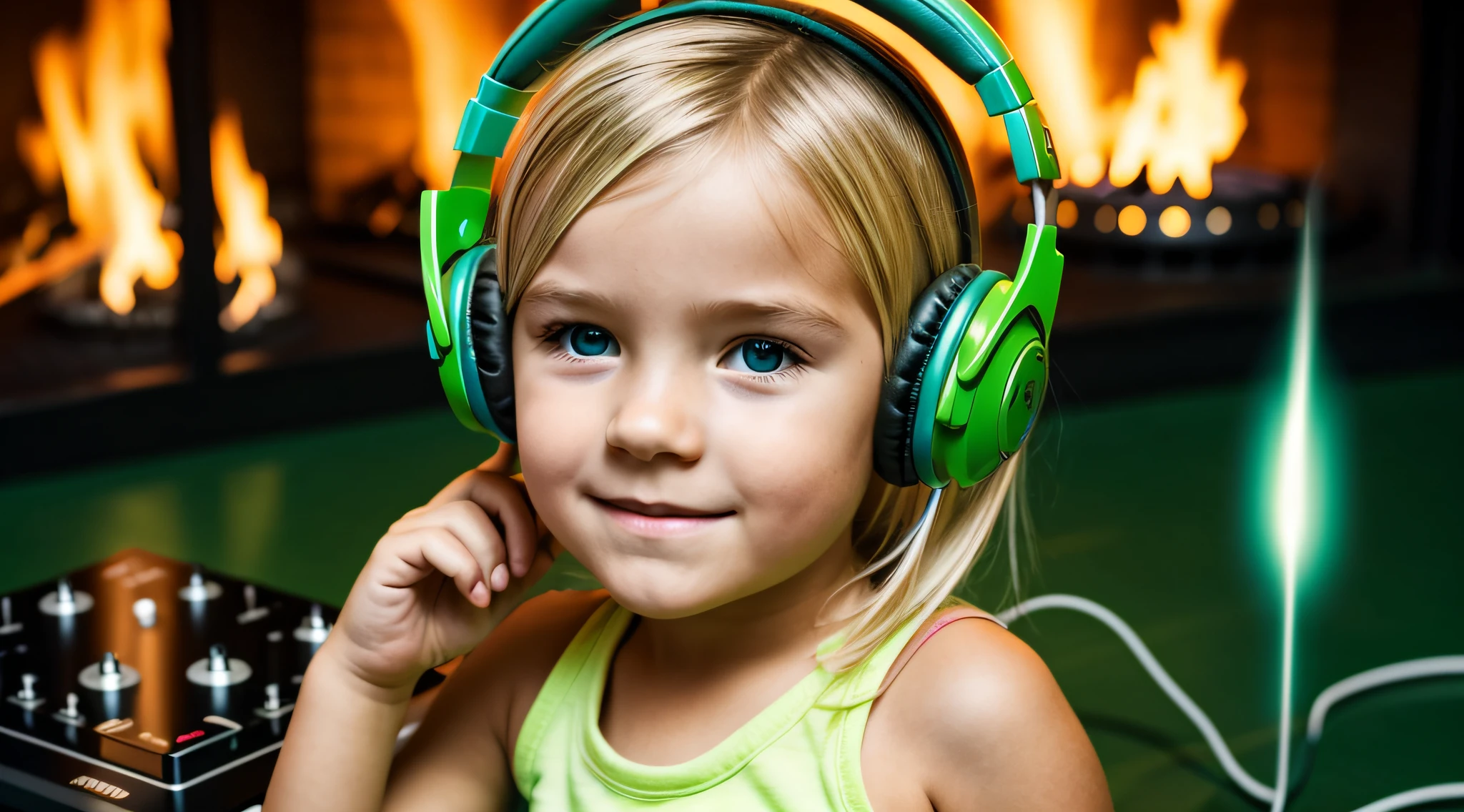 Image of a CHILD BLONDE girl with headphones playing music, Atom and Evil, DJ, fire and GREEN FIRE , FLAMME, BURN , FOGO, GREEN, VERDE.