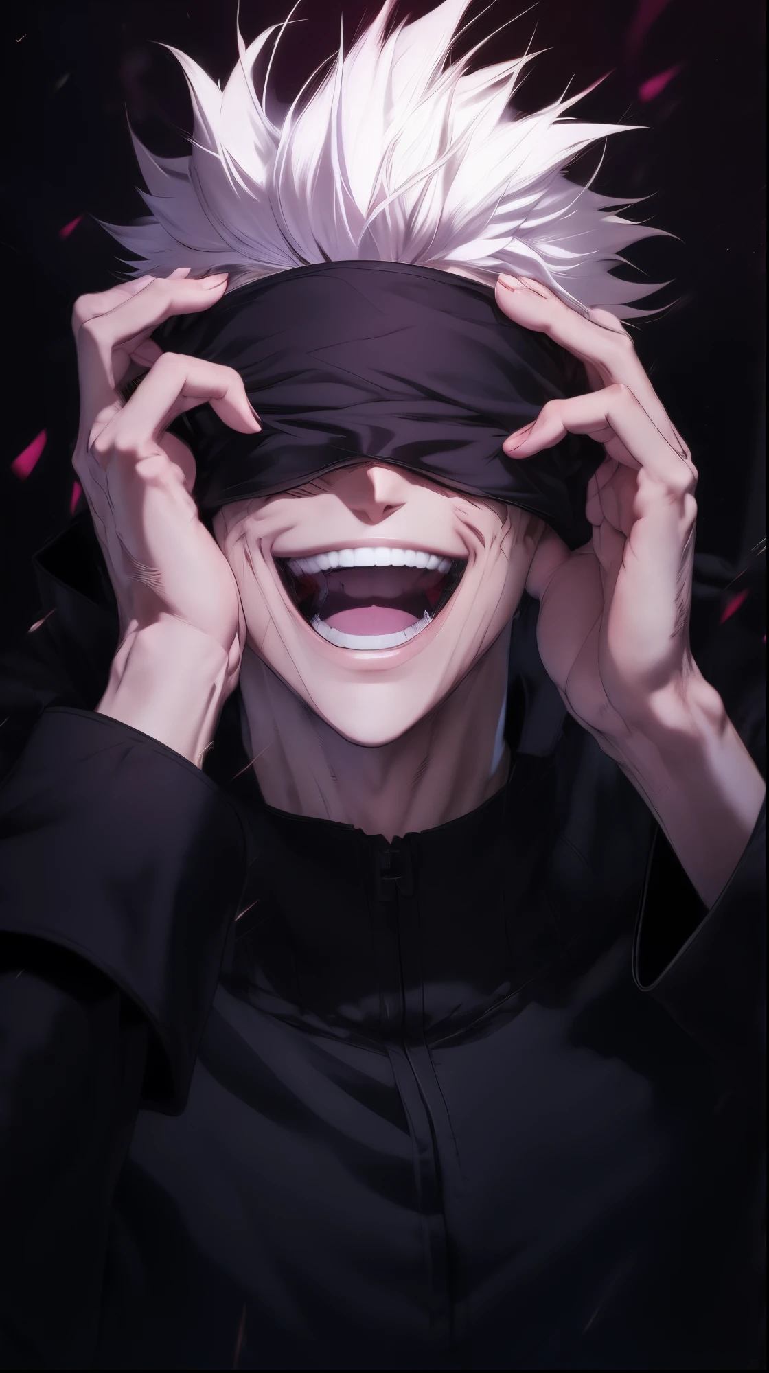 anime character with white hair covering eyes and eyes closed, insane smile, [[[[grinning evily]]]], jujutsu kaisen, ken kaneki, dark visor covering eyes, grinning lasciviously,  sly smile, smiling mask, wicked smile, wide grin, smiling maniacally, uncanny smile