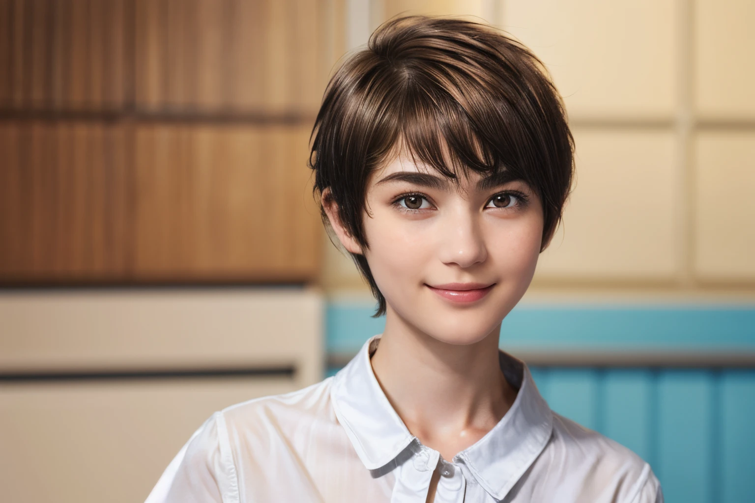 97
(a 20 yo woman,is standing), (A hyper-realistic), (high-level image quality), ((short-hair:1.46)), (Hair smooth), (Gentle smile), (Keep your mouth shut)