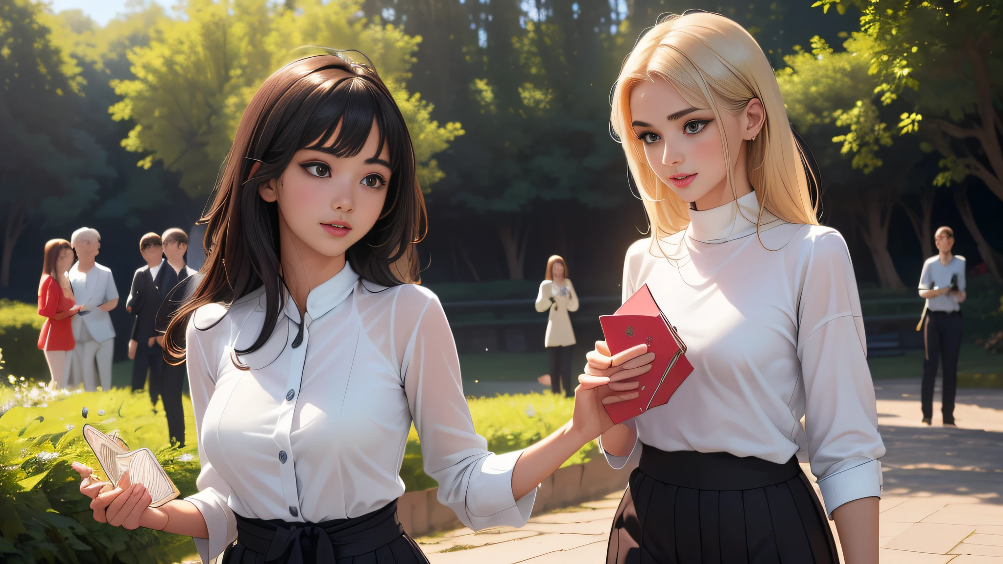 sfw, (Extremely detailed 8k wallpaper:2), (photo:2), (soigne Beautiful girl:2), (gives a lecture to friends:2), detailed (Face and eyes), (hyper realistic:1), (highly detailed:1), (epic realistic:1), rim light, (maximum details:1), cozy, (fullbody:1.3), (looking at viewer:2), (Woman's Attractive Qualities:2), (Attractive Woman:2), (Attractive:2), Smile, Intelligence, Empathy, Gracefulness, Sense of Style, Fitness, Grooming, Optimism, (Sensitivity:2), Sincerity, Romantic Gestures, Playfulness, Fashion Sense, (Sensuality:2), Charm, Modesty, Thoughtfulness, (Femininity:1), Flirtatiousness, Warmth, (Physical attractiveness:2), A beautiful smile, A love of life, strength and power, vulnerability, curiosity, wonder, love, (nature background:2), kawaii, waifu, Beautiful breasts, (attractive body:2), (Beautiful body:2), Beautiful pose, attractive pose, (Beautiful legs:1.0), (spread legs:1.0), (Beautiful clothes:1), (classic clothes:2), (elegant clothes:2), (European clothes:2), detailed clothes, (skirt:1), (blouse:1), (provocative pose)