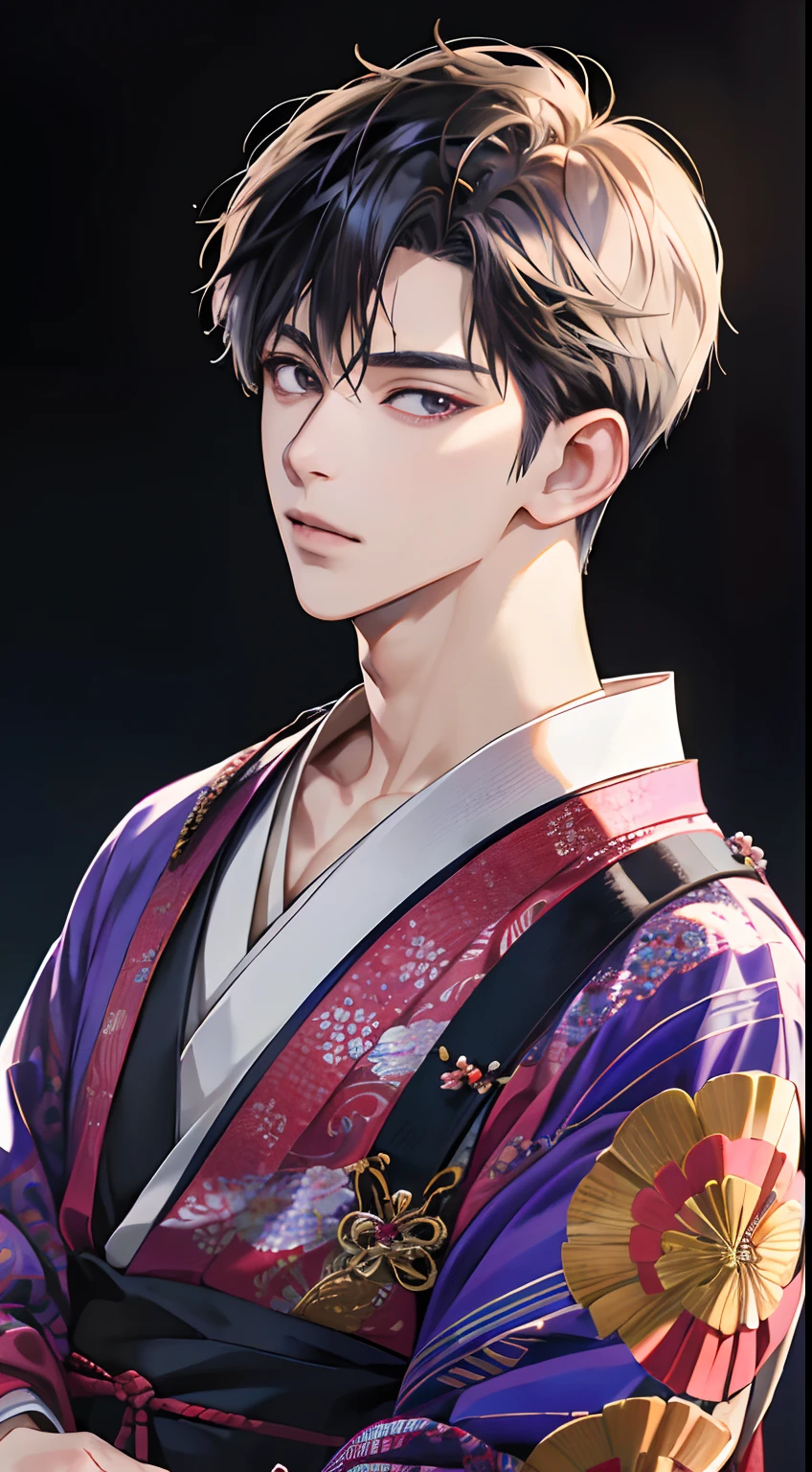 (masutepiece:1.3),(Best Quality:1.2),8K,absurderes,(Extremely detailed:1.3),highest grade,(1boy:1.2),Portrait,Short hair, Very short hair,Piercing、Dressing a delicate and beautiful man's kimono、Cool dragon on black background、The background is a black and purple gradation