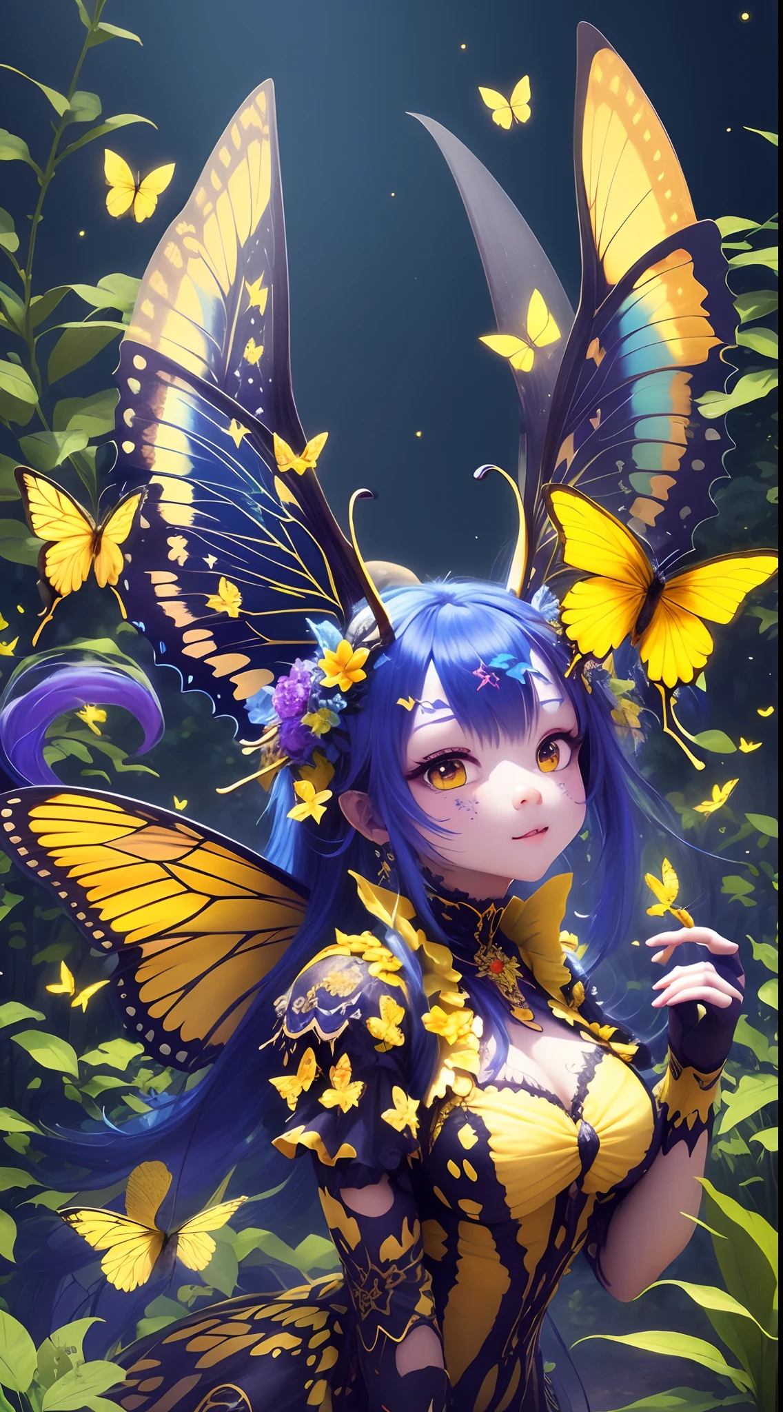 Foodpets very cute attractive yellow butterfly，Has blue and purple wings, The background is the garden , slope , macro, 电影灯光, Fantasyart, Dynamic synthesis, Epic reality, Award-winning illustrations