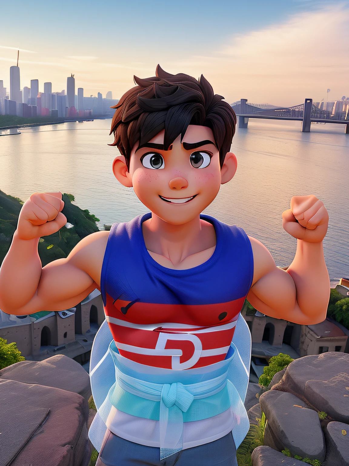 A boy showing off his muscles in a hero pose, fundo com um rio e uma cidade distante. expression happy. Ultra HD, cores vibrantes,