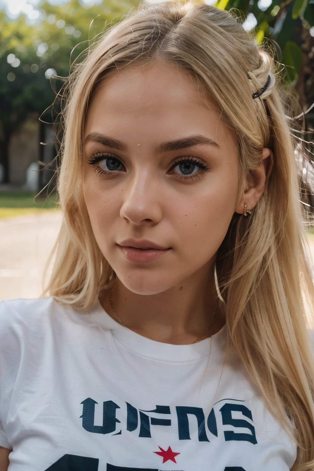 (alta qualidade, ultra-detalhado, Realistic:1.2), white girl, blonde hair, olhos detalhados, Detailed lips, camiseta preta detalhado 8k, foto de perfil utra realista 20k