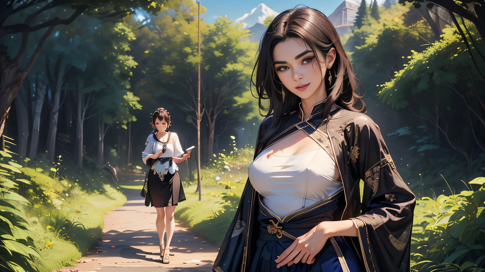 sfw, (Extremely detailed 8k wallpaper:2), (photo:2), (soigne Beautiful girl:2), (gives a lecture to friends:2), detailed (Face and eyes), (hyper realistic:1), (highly detailed:1), (epic realistic:1), rim light, (maximum details:1), cozy, (fullbody:1.3), (looking at viewer:2.0), (Woman's Attractive Qualities:2), (Attractive Woman:2), (Attractive:2), Smile, Intelligence, Empathy, Gracefulness, Sense of Style, Fitness, Grooming, Optimism, (Sensitivity:2), Sincerity, Romantic Gestures, Playfulness, Fashion Sense, (Sensuality:2), Charm, Modesty, Thoughtfulness, (Femininity:1), Flirtatiousness, Warmth, (Physical attractiveness:2), A beautiful smile, A love of life, strength and power, vulnerability, curiosity, wonder, love, (nature background:2), kawaii, waifu, Beautiful breasts, (attractive body:2), (Beautiful body:2), Beautiful pose, attractive pose, (Beautiful legs:1.0), (spread legs:1.0), (Beautiful clothes:1), (classic clothes:2), (elegant clothes:2), (European clothes:2), detailed clothes, (skirt:1), (blouse:1), (provocative pose)