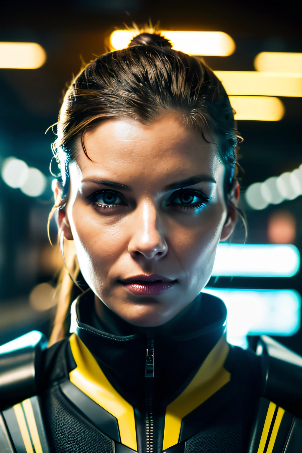 (Cyberpunk military scientists:1) (1womanl) Dark theme :: Focus on close-ups of the face, Curious face, Katie Sackhoff's face, Ultra realistic futuristic cyberpunk tall athletic woman, :: Medium brown hair, Futuristic meganeotaku :: cyberpunk office interior :: Brown eyes :: Natural lighting :: Bokeh :: 8K :: Best Quality :: masutepiece :: Insanely detailed:1.5