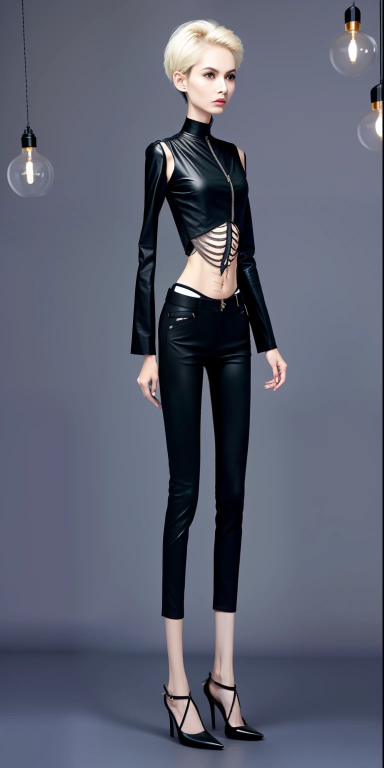 very thin woman, A thin body,Protruding sternum,The waist is very thin,The ribs are noticeable,Protruding ribs,The pelvic protrusion is very obvious,The pelvis is markedly elevated,Fair skin,thin shoulde,The waist is very thin,Sunken abdomen,Delicate arms,sunken lower abdomen,Short hair details,Wear tight leather pants,There is a vest line on the abdomen,Asia face,extremely thin,angry look,Excessive weight loss,weeping,Face becomes thinner,Severe malnutrition,Effeminate woman