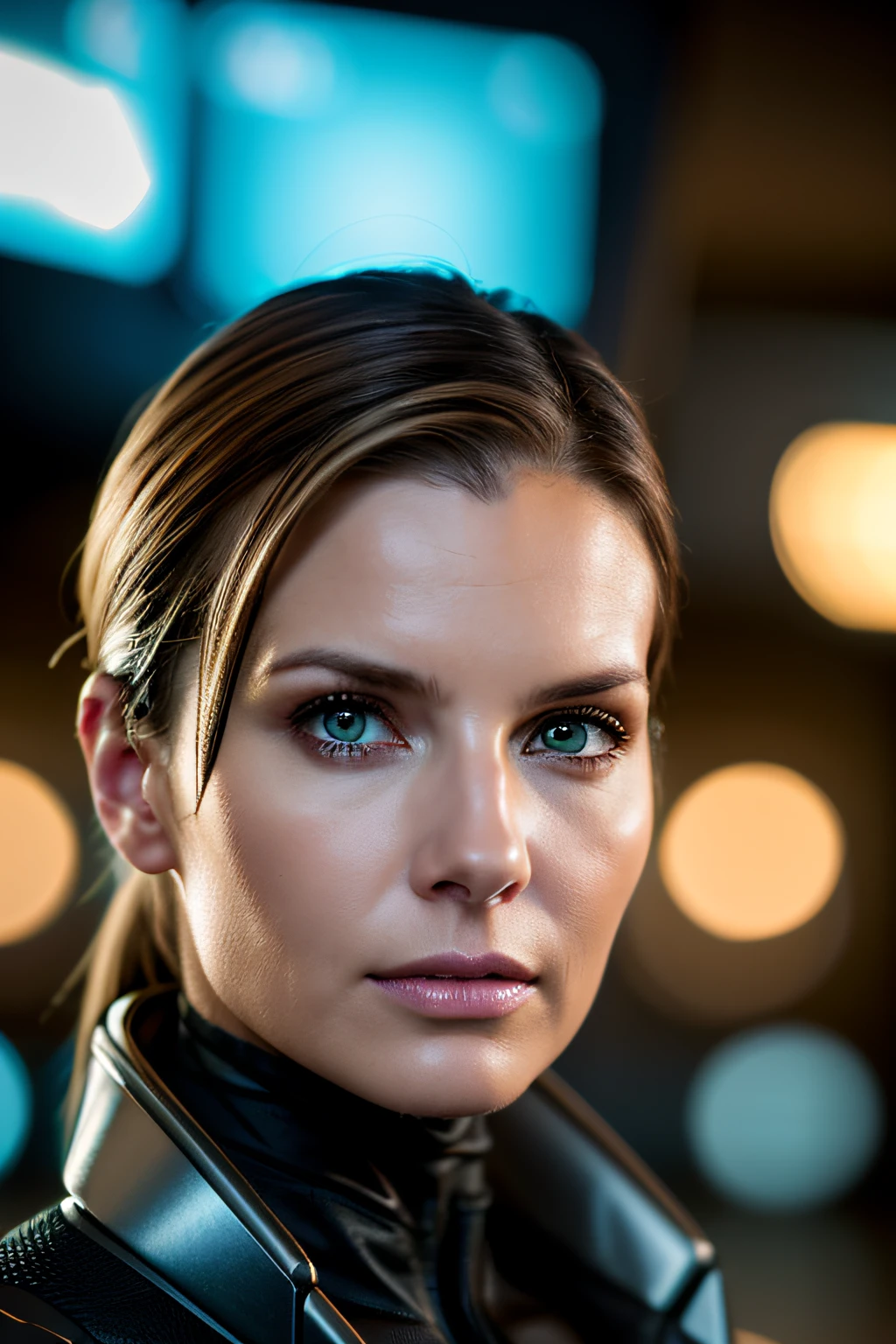 (Cyberpunk military scientists:1) (1womanl) Dark theme :: Focus on close-ups of the face, Curious face, Katie Sackhoff's face, Ultra realistic futuristic cyberpunk tall athletic woman, :: Medium brown hair, Futuristic meganeotaku :: Cyberpunk office interior :: Brown eyes :: Natural lighting :: Bokeh :: 8K :: Best Quality :: masutepiece :: Insanely detailed:1.5
