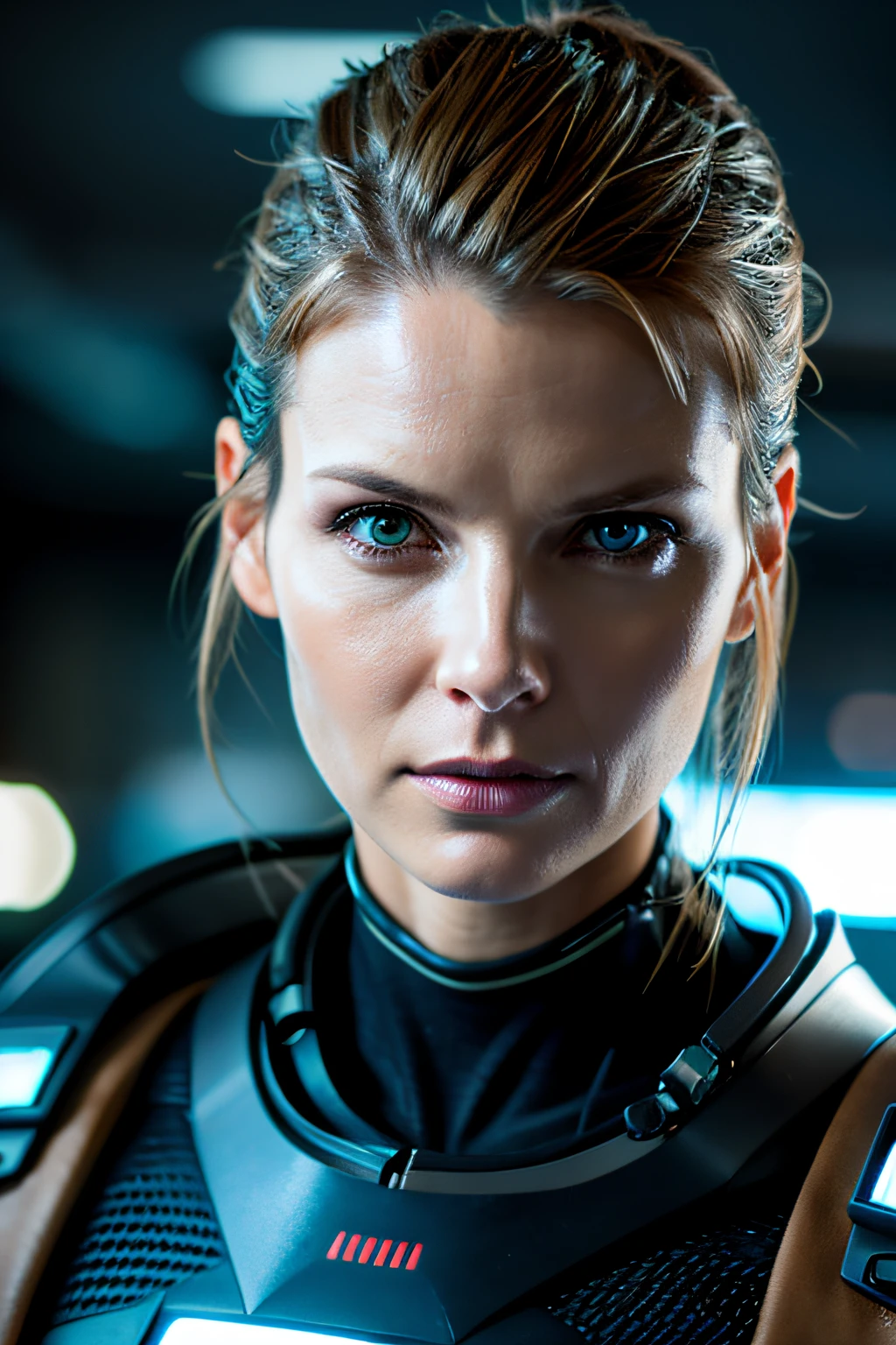 (cyberpunk military scientist:1) (1womanl) Dark theme :: Focus on close-ups of the face, Curious face, Katie Sackhoff's face, Ultra realistic futuristic cyberpunk tall athletic woman, :: Medium brown hair, Futuristic meganeotaku :: Inside a cyberpunk office :: Brown eyes :: Natural lighting :: Bokeh :: 8K :: Best Quality :: masutepiece :: Insanely detailed:1.5