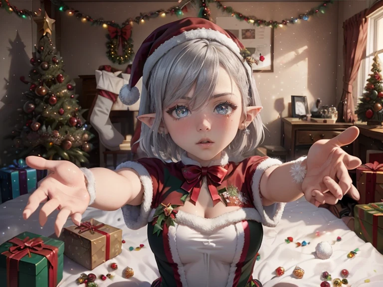 (master piece: 1.1), 1girl, mature, emphasis on face, detailed face, detailed bright eyes, ((pointy ears, eyes have a bright silver)), (dark skin), tan, dark skin, shy face, (blushing face), anime character, smiling, (Elf), Lyra Stardust, (christmas costume), christmas clothes, wearing red hat on his head, short and dynamic hair, livingroom, pizza on the table, (man dressed like santa claus), santa claus, both sitting at the table, christmas theme, christmas tree, blur_background