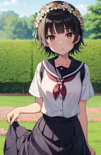 Masterpiece, best quality, uiharu_kazari, girl, full body, back, flowers on the head, [tiara] with flowers, black hair, short hair, sailor suit, garden, field with flowers, schoolbag, grass, flower bed, skirt lifted, (lifted by another, skirt lift, skirt lifted by someone else), hand, ass, panties,