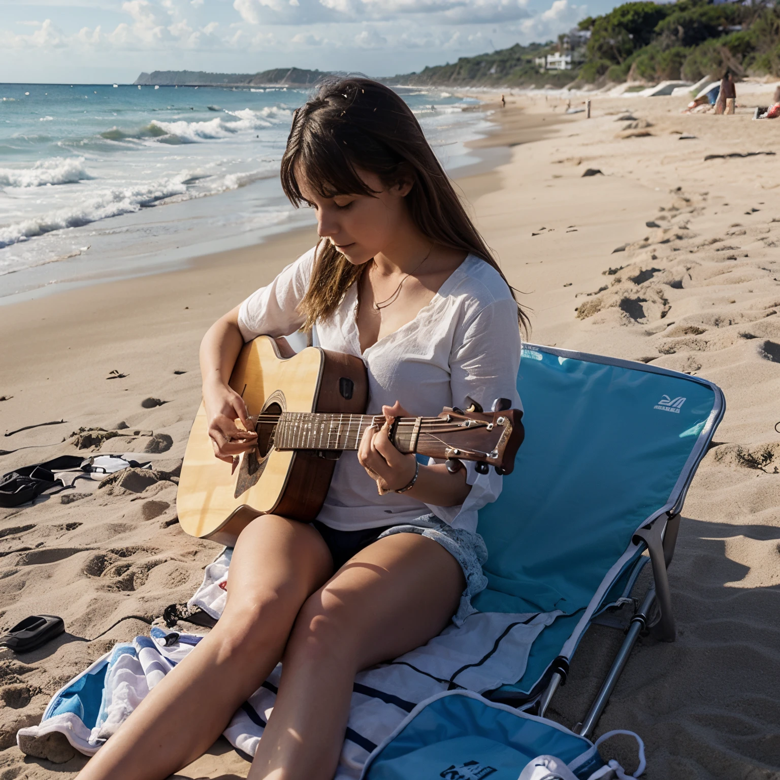 Realitic girl playing guitar on the beach