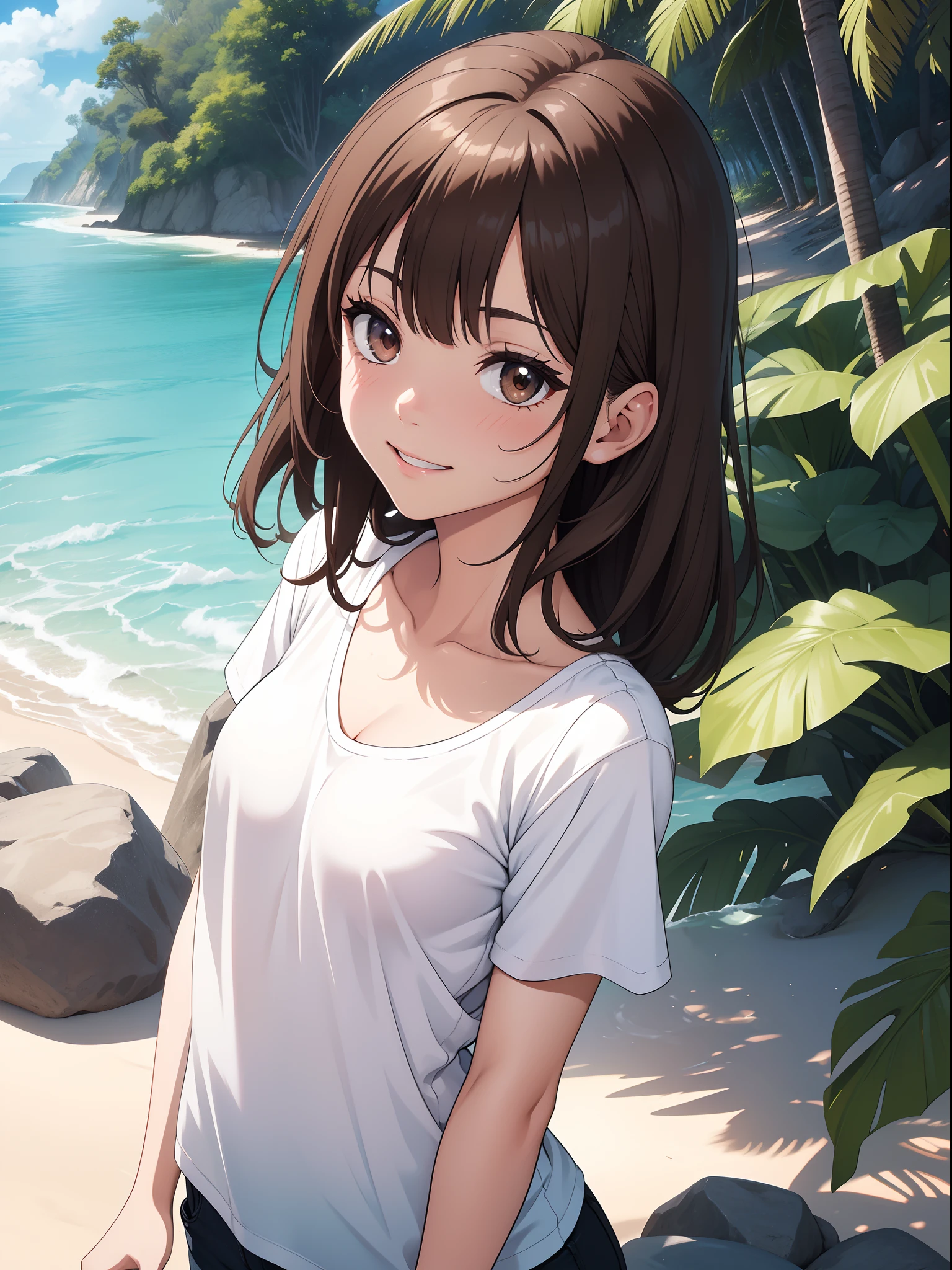 Official art、Top quality ultra-detailed CG art、barechested：１.２）、Brown hair、lively girl、white t-shirts、Transcendent Cute、kirakira、ssmile、Hide and seek、the beach、clean、Short。