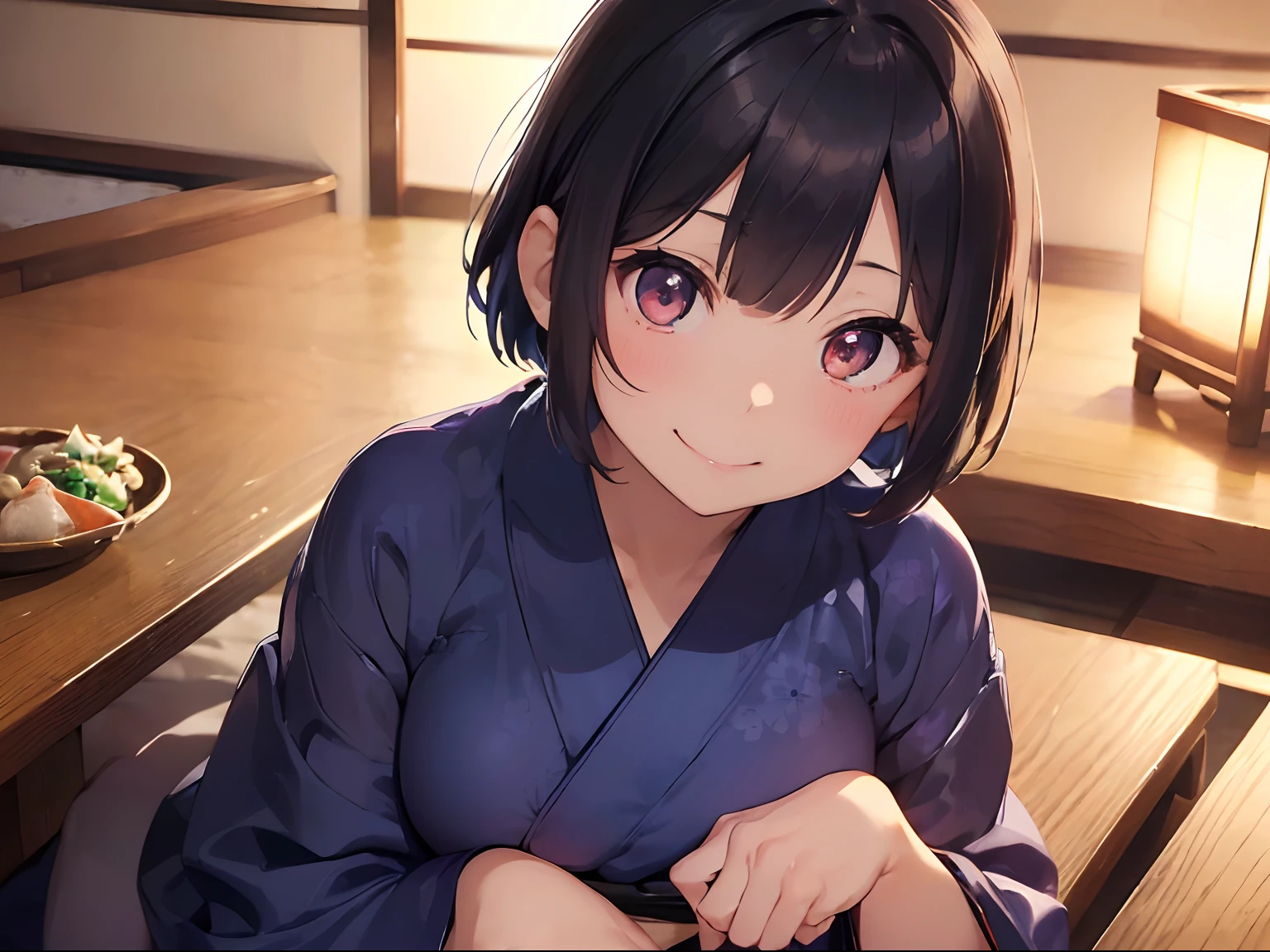 (((超A high resolution)))、(((​masterpiece)))、(((super precision)))、(((hightquality)))、
(((1人の女性)))、(((Short Bob Hair)))、(((Brown hair)))、(((Pupil brown)))、(((Little hanging eyes)))、(((Breasts are big)))
(((Composition seen from a high place)))、(((adult  woman)))、(((She is an adult)))、
((Gorgeous Japanese food placed on the table))、
Radiant smile、beautiful person、Radiant smile、huge smile、Her eyes sparkle、happy、
(((Wearing a plain navy blue yukata)))、(((Yukata for inn rooms)))、
(((Have fun watching Japanese cuisine)))、traditional Japanese room、(((Tatami room)))、Ryokan rooms、
sitting on one&#39;s knees、sitting on a cushion、Being drunk、Red face、amorous、
