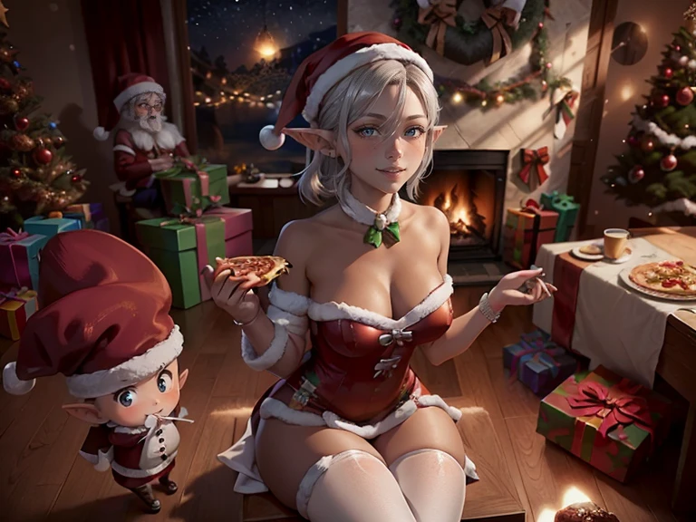 (master piece: 1.1), 1girl, 1man,girl and man sitted on the table, eating pizza, (the man is dressed like santa claus), young, mature, emphasis on face, detailed face, detailed bright eyes, ((pointy ears, eyes have a bright silver)), (dark skin), tan, dark skin, shy face, (blushing face), anime character, smiling, (Elf), Lyra Stardust, (christmas costume), christmas clothes, wearing red hat on his head, short and dynamic hair, livingroom, pizza on the table, santa claus, both sitting at the table, christmas theme, christmas tree, blur_background