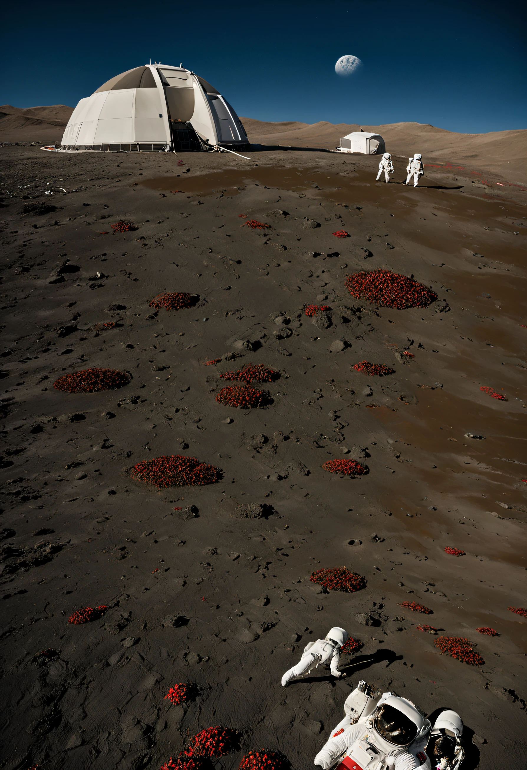 a group of astronauts flying over the ground's moon, near a spaceship, one field to red flowers in the moon's floor are in the moon, add a several stars in the space