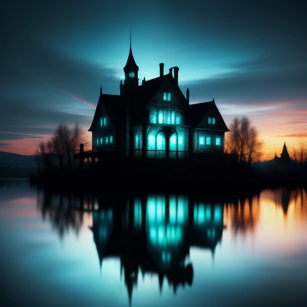 Haunted house with blue ghost over water mirrored