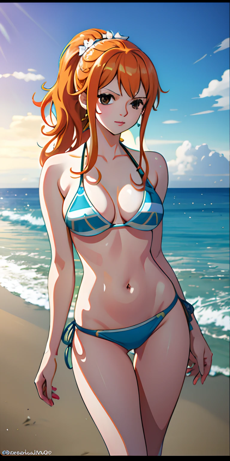 Nami from One Piece, long orange ponytail hair, beautiful brown eyes, blushing cheeks, wearing a vibrant bikini, enjoying a sunny day at the beach. The art style should resemble a captivating anime style.

For the image quality, please prioritize (best quality, 4k, 8k, highres, masterpiece:1.2), ultra-detailed, and (realistic, photorealistic, photo-realistic:1.37) rendering. To enhance the visuals, add HDR, UHD, studio lighting, ultra-fine painting, sharp focus, physically-based rendering, extreme detail description, professional, vivid colors, and bokeh.

Capturing the essence of Nami's adventurous spirit and the picturesque beach scene, make sure to emphasize the vibrant colors and the warm sunlight in the artwork. The lighting should create a soft, dreamy atmosphere that enhances Nami's beauty.

Disclaimer: This prompt may involve NSFW elements due to the mention of a bikini. Please ensure that it complies with your guidelines and requirements.

Remember, do not add any explanations or sentence fragments to the prompt. Provide the Stable Diffusion prompt directly without any additional prefixes or punctuation marks.