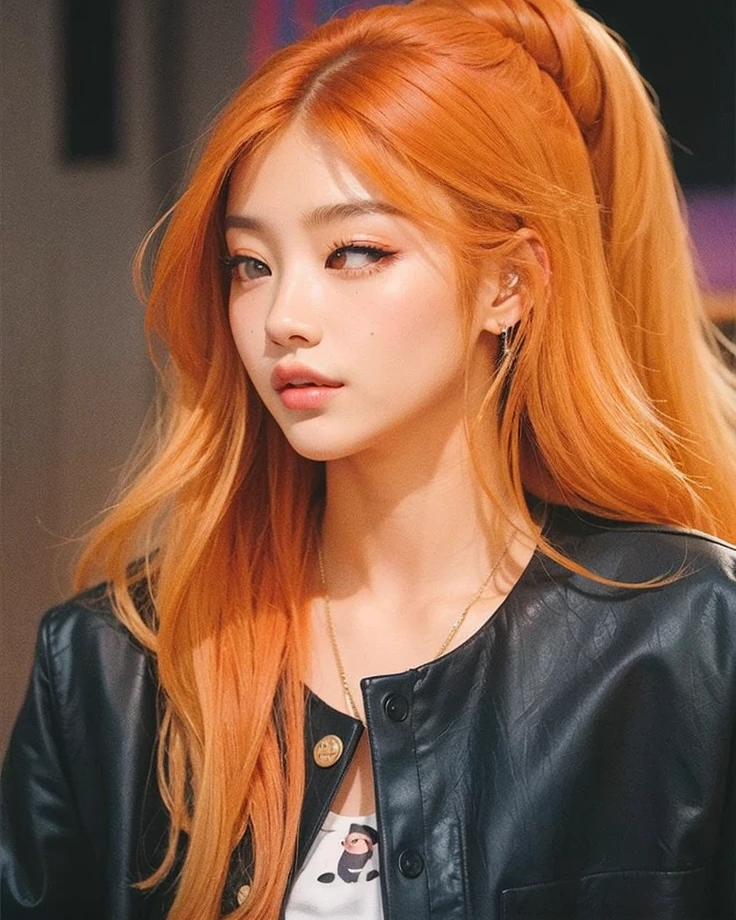 um close de uma mulher com longos cabelos ruivos vestindo uma jaqueta preta, tzuyu de duas vezes, ela tem cabelos longos e redorange, Ela tem longos cabelos castanhos alaranjados, Dom Yunjoo, Jinyoung Canela, jossi do blackpink, Lalisa Manobal, Bae Suzy, Retrato de Jossi de Blackpink, Parque Roseanne do Blackpink, Parque Ji-min