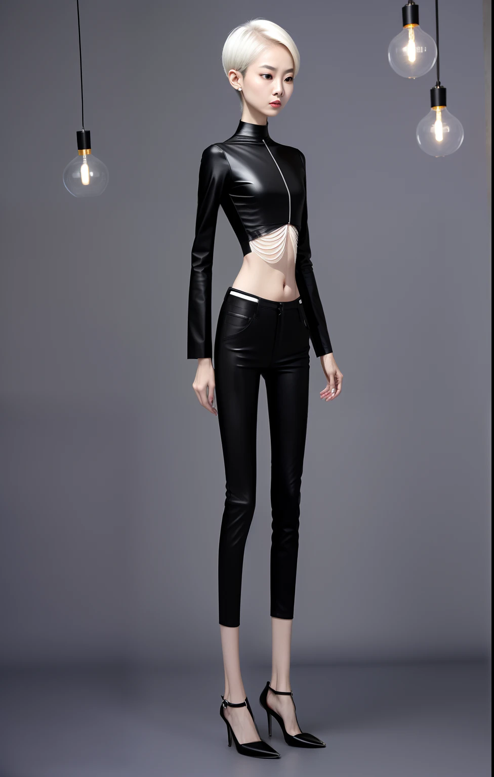 very thin woman, A thin body，Protruding sternum，The waist is very thin，The ribs are noticeable，Protruding ribs，The pelvic protrusion is very obvious，The pelvis is markedly elevated，White skin of the，thin shoulde，The waist is very thin，Sunken abdomen，Delicate arms，The lower abdomen is depressed，Short hair details，Wear tight leather pants，Asia face，extremely thin，angry look，Excessive weight loss，weeping，Face becomes thinner，Severe malnutrition，Effeminate woman