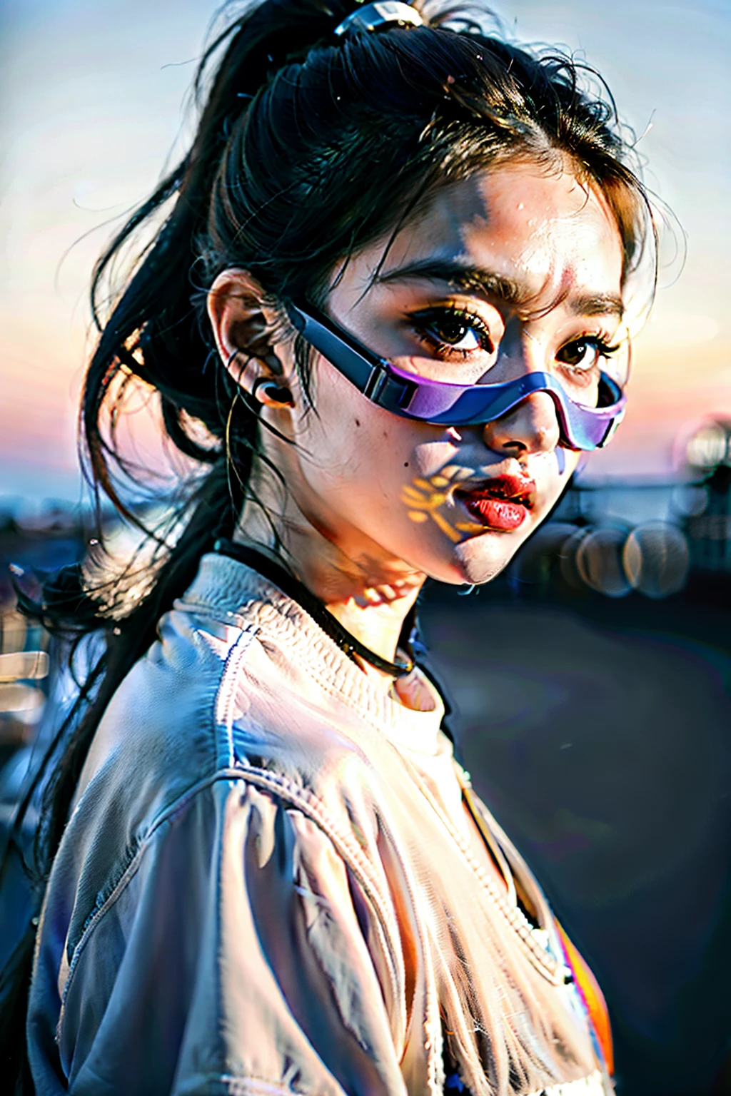 Masterpiece, Best picture quality, Extreme vividness, Anime girl with curly ponytail, petite figure, white functional coat, small, blue-purple gradient ski goggles, cyberpunk, gray hair, natural casual style, dynamic stance, golden section, portrait with large aperture, cool tones, strong visual impact, white space, light and shadow contrast, super texture, sunset afterglow, super clear picture, simple picture