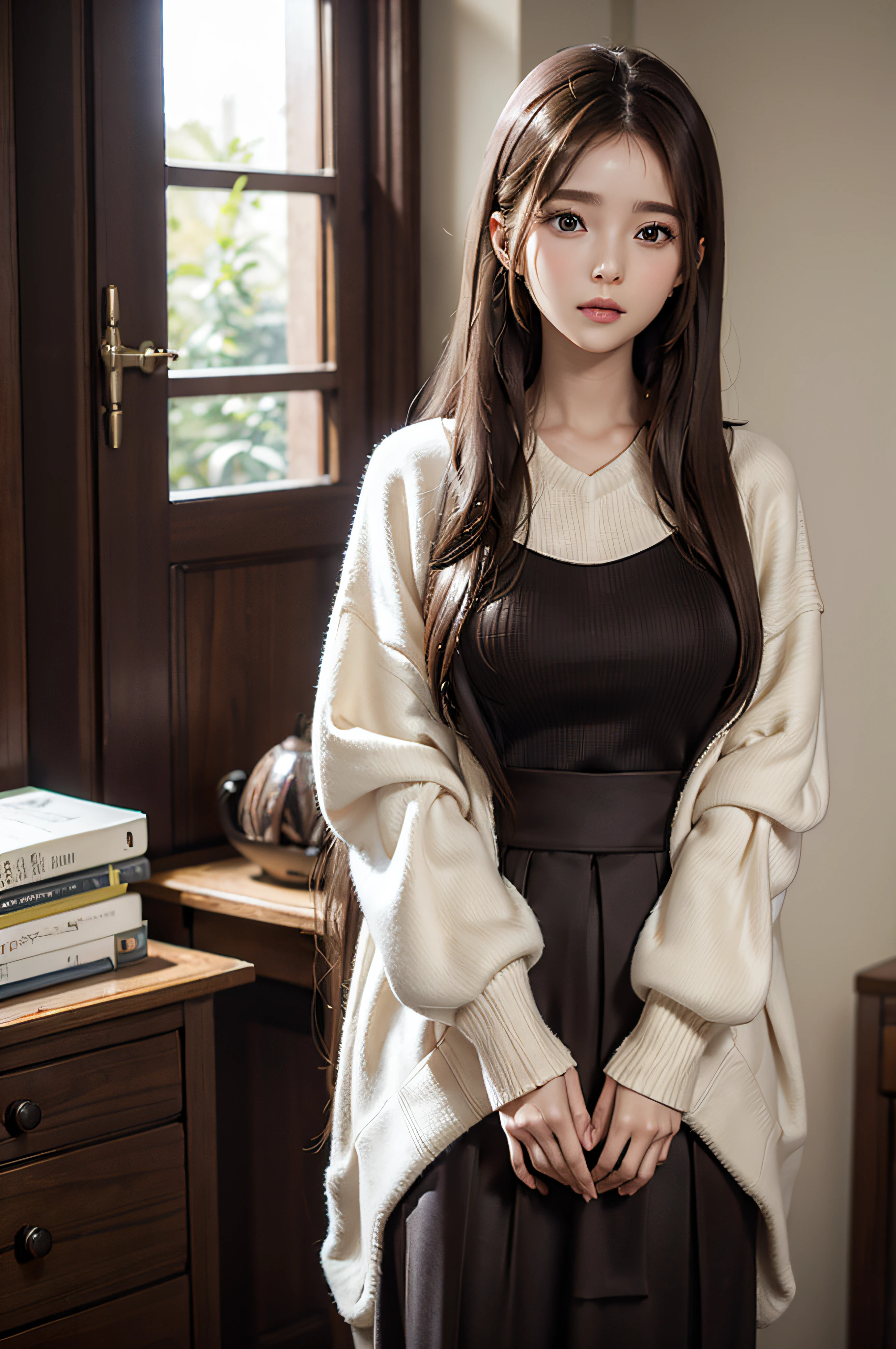 sweater, long skirt,
Swelling of the chest,
Tight waist,
slim body,
((silky long hair)), (brown hair),