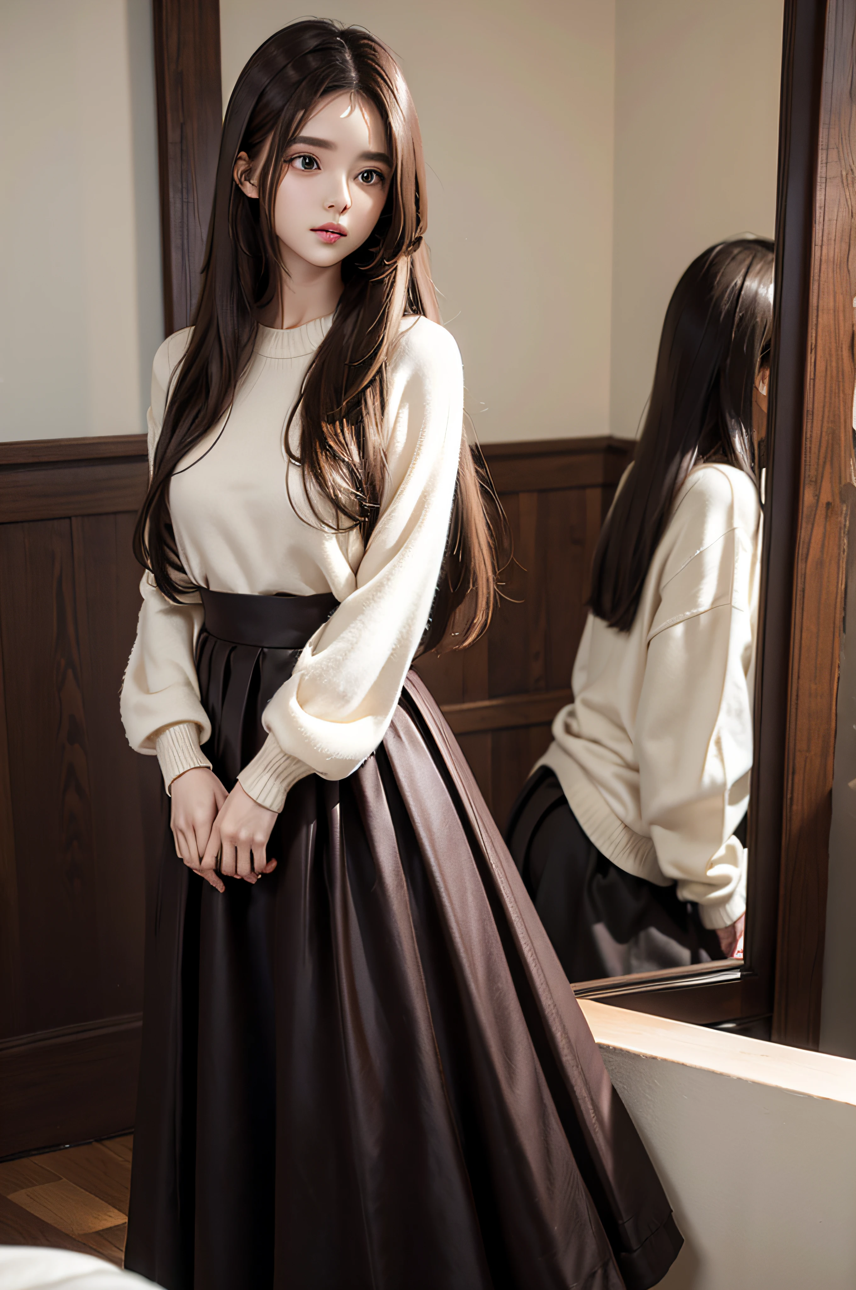 sweater, long skirt,
Swelling of the chest,
Tight waist,
slim body,
((silky long hair)), (brown hair),